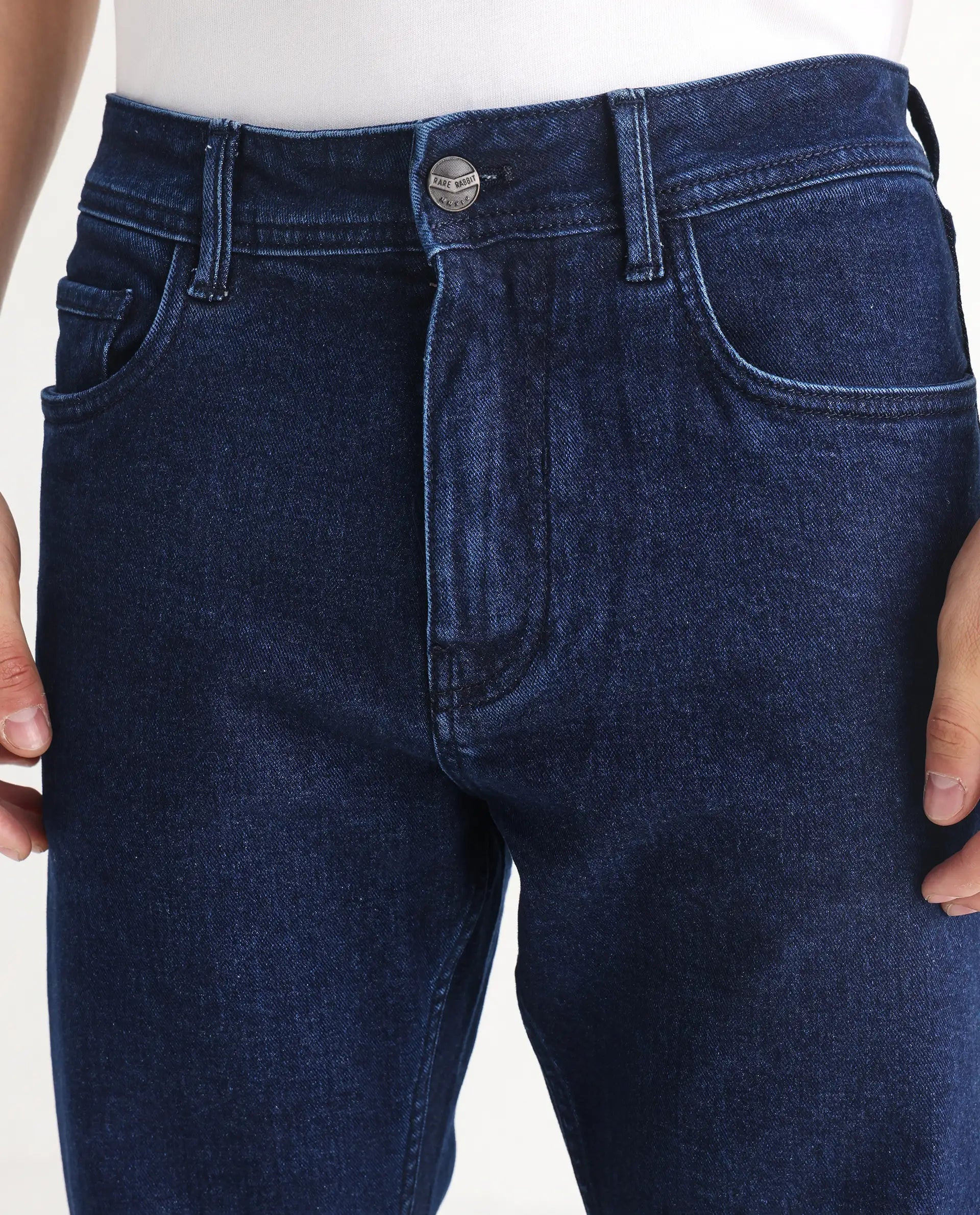Rare Rabbit Men's Polin Navy Cotton Plain Morris Regular Fit Jeans