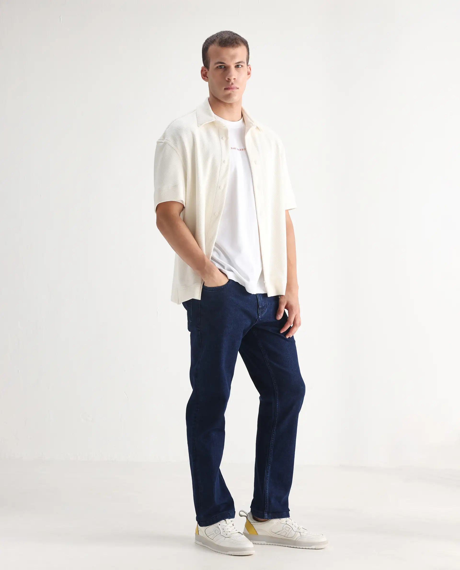 Rare Rabbit Men's Polin Navy Cotton Plain Morris Regular Fit Jeans