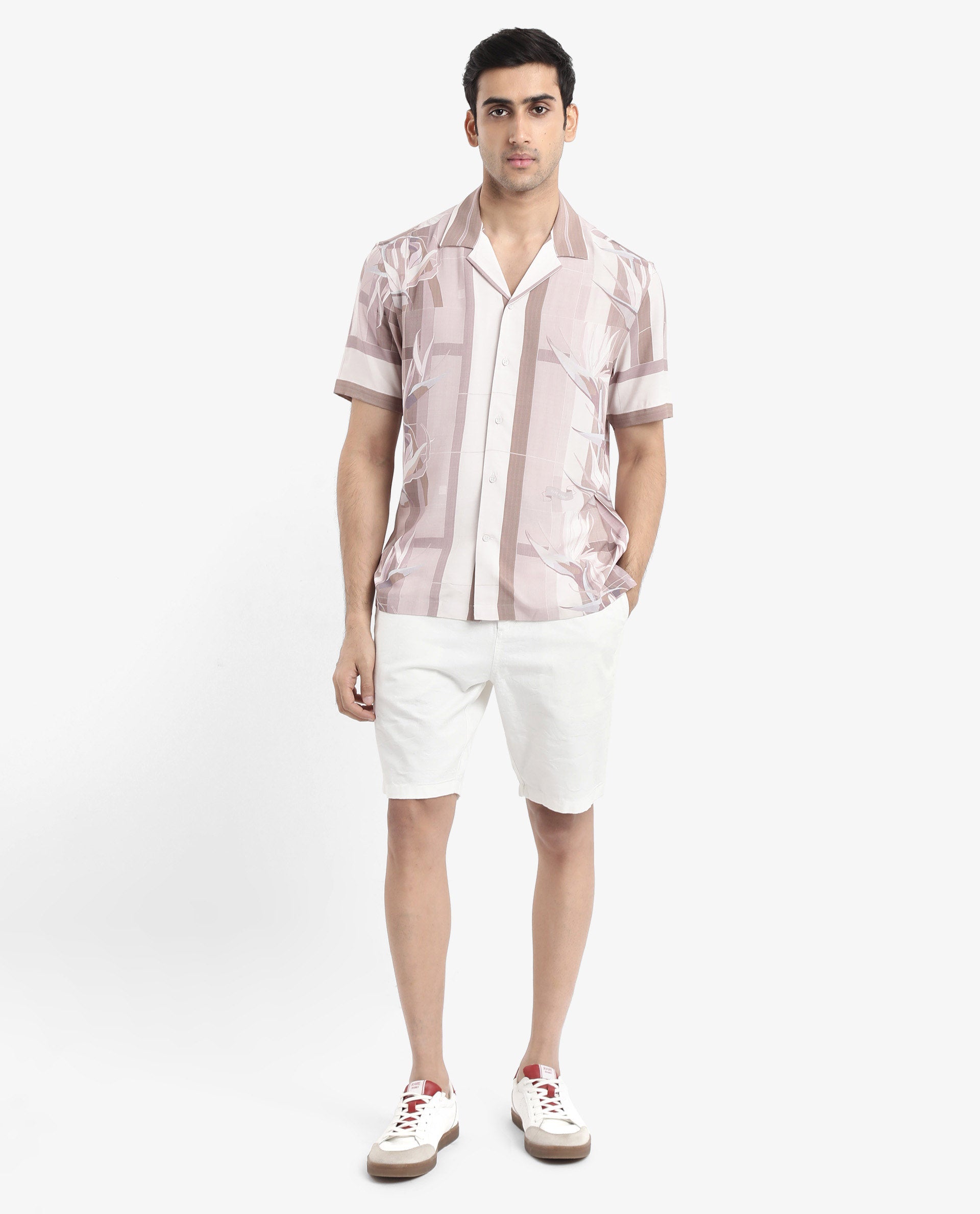 Rare Rabbit Men's Polis Beige Short Sleeve Cuban Collared Abstract Print Shirt