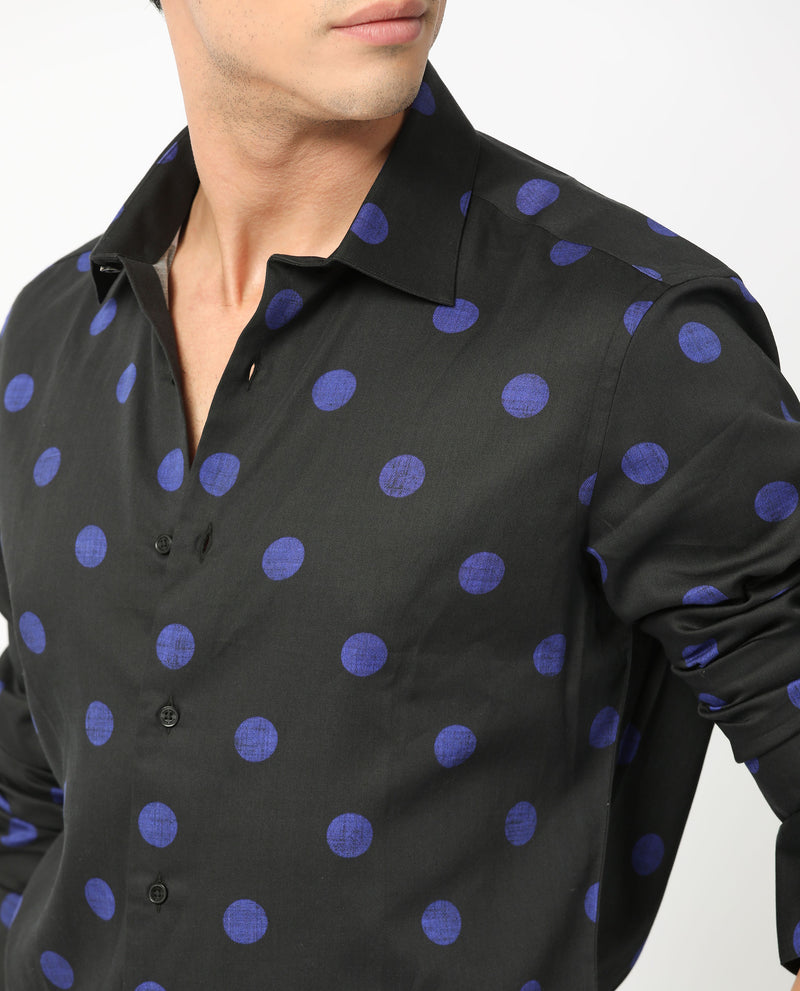 Rare Rabbit Men's Polko Black Modal Cotton Fabric Polka Dot Print Full Sleeves  Shirt