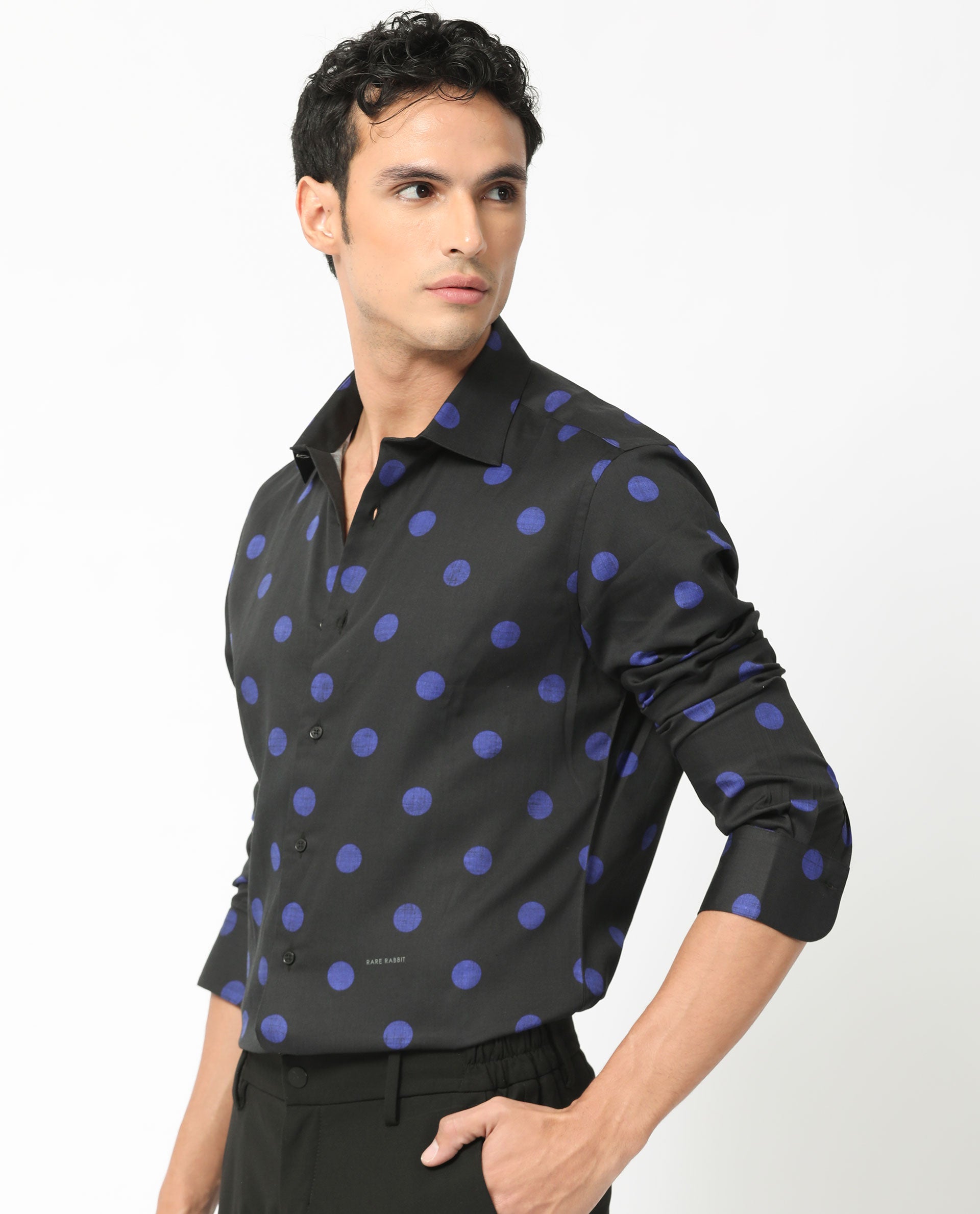 Rare Rabbit Men's Polko Black Modal Cotton Fabric Polka Dot Print Full Sleeves  Shirt