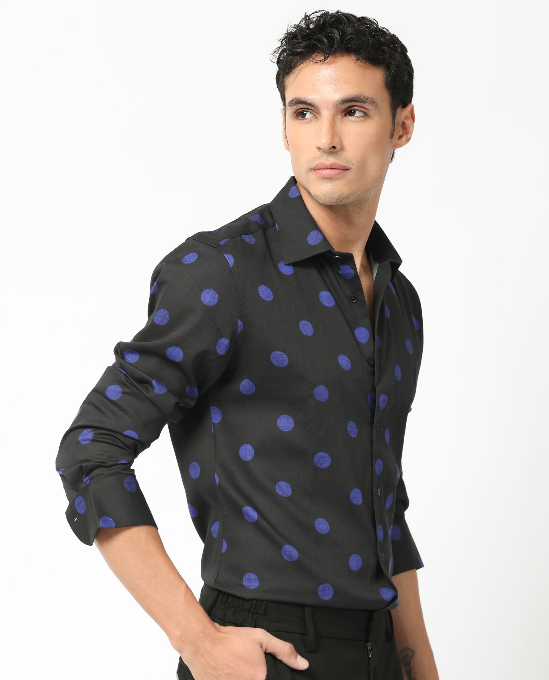 Rare Rabbit Men's Polko Black Modal Cotton Fabric Polka Dot Print Full Sleeves  Shirt