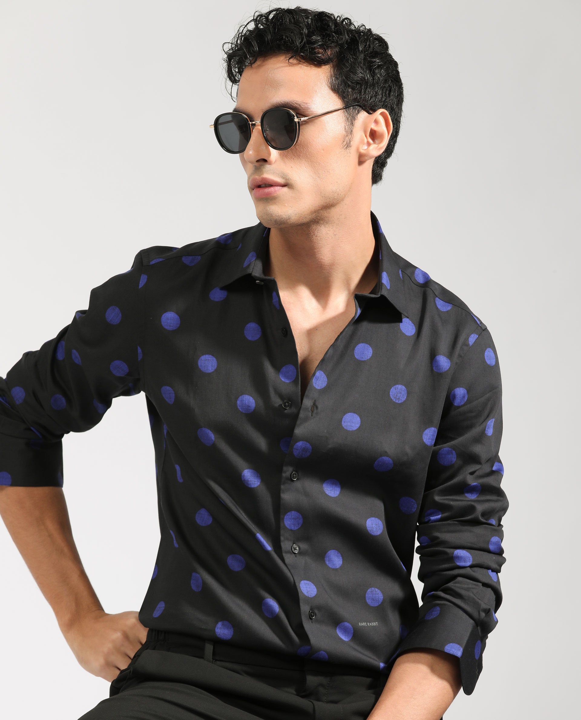 Rare Rabbit Men's Polko Black Modal Cotton Fabric Polka Dot Print Full Sleeves  Shirt