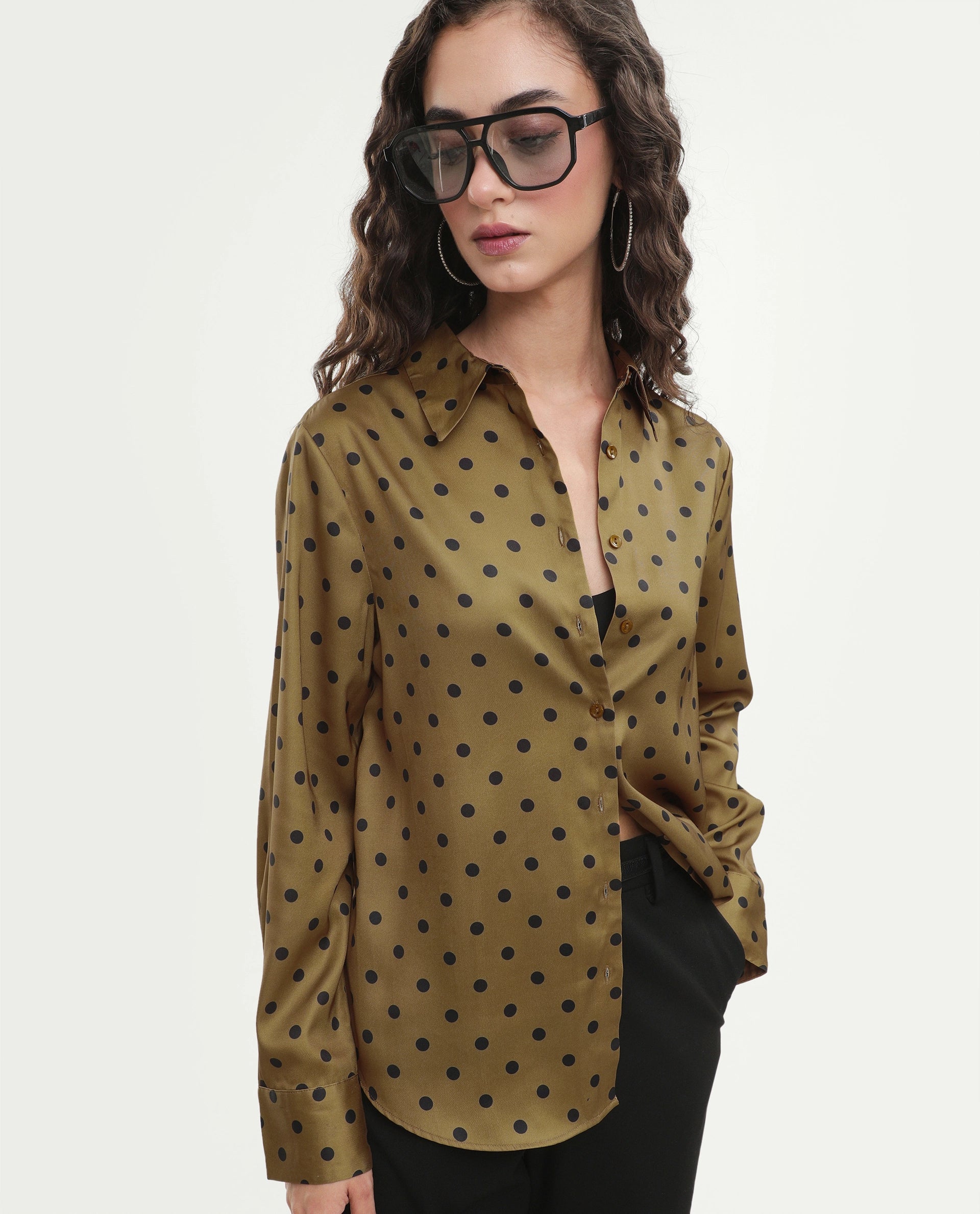 Rareism Women's Pola Beige Polyester Fabric Spread Collar Relaxed Polka Print Shirt