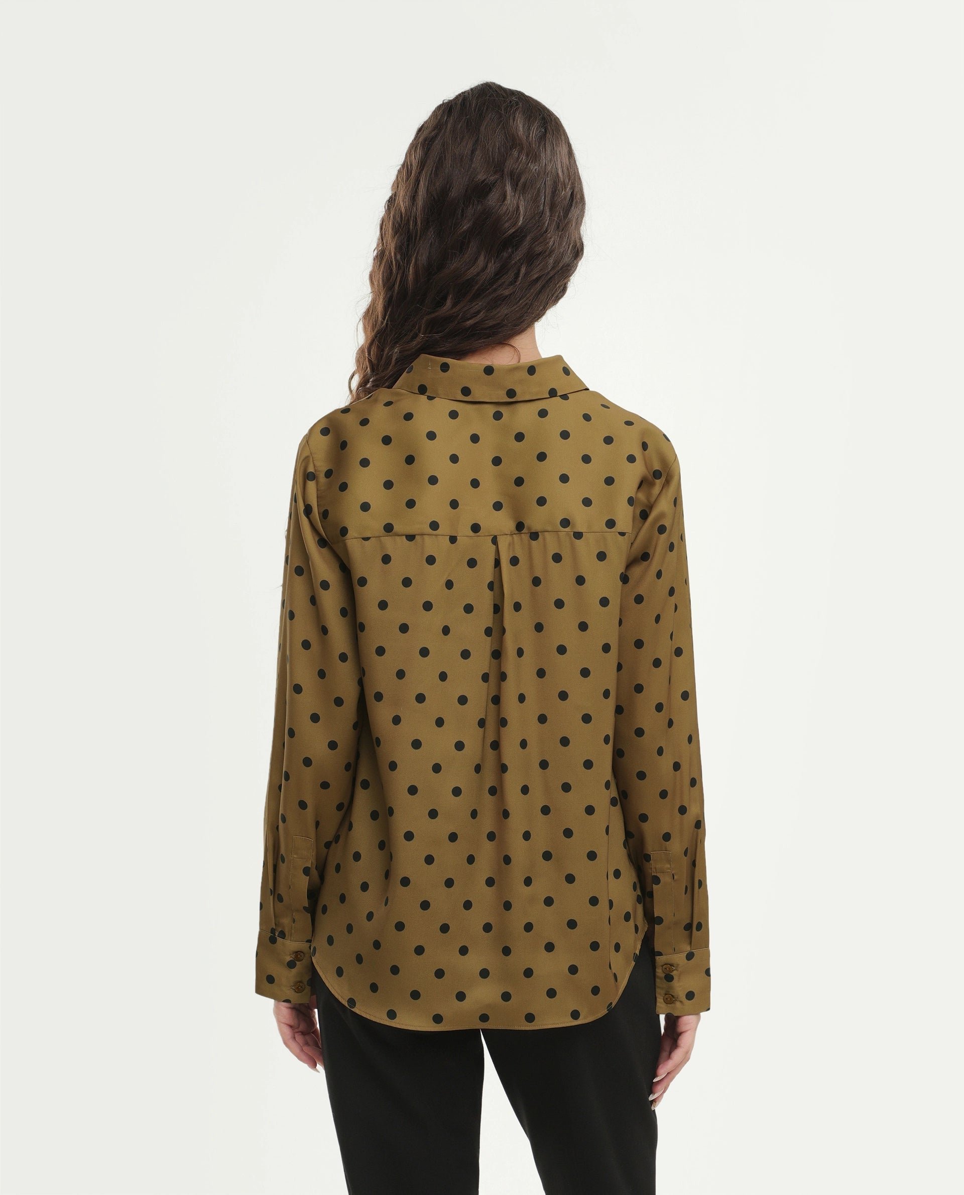Rareism Women's Pola Beige Polyester Fabric Spread Collar Relaxed Polka Print Shirt