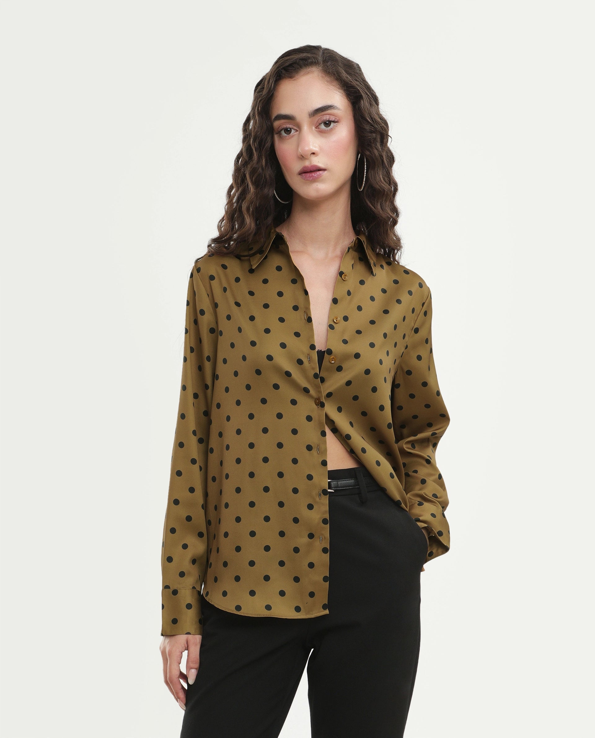 Rareism Women's Pola Beige Polyester Fabric Spread Collar Relaxed Polka Print Shirt