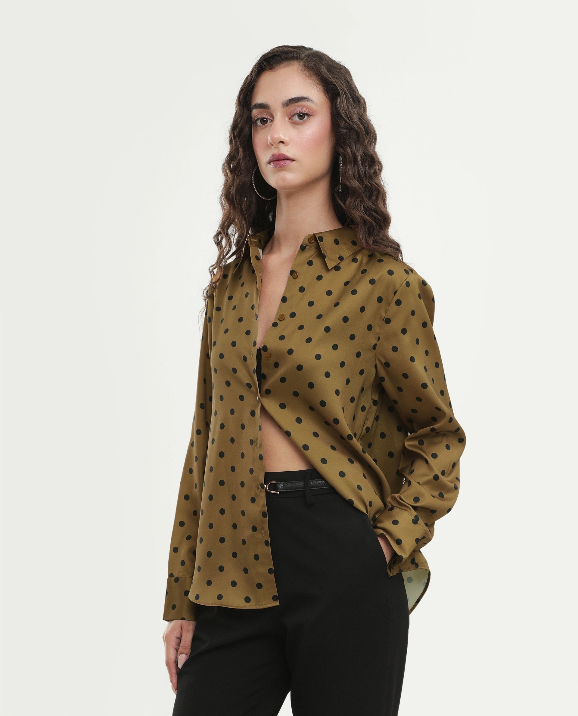 Rareism Women's Pola Beige Polyester Fabric Spread Collar Relaxed Polka Print Shirt
