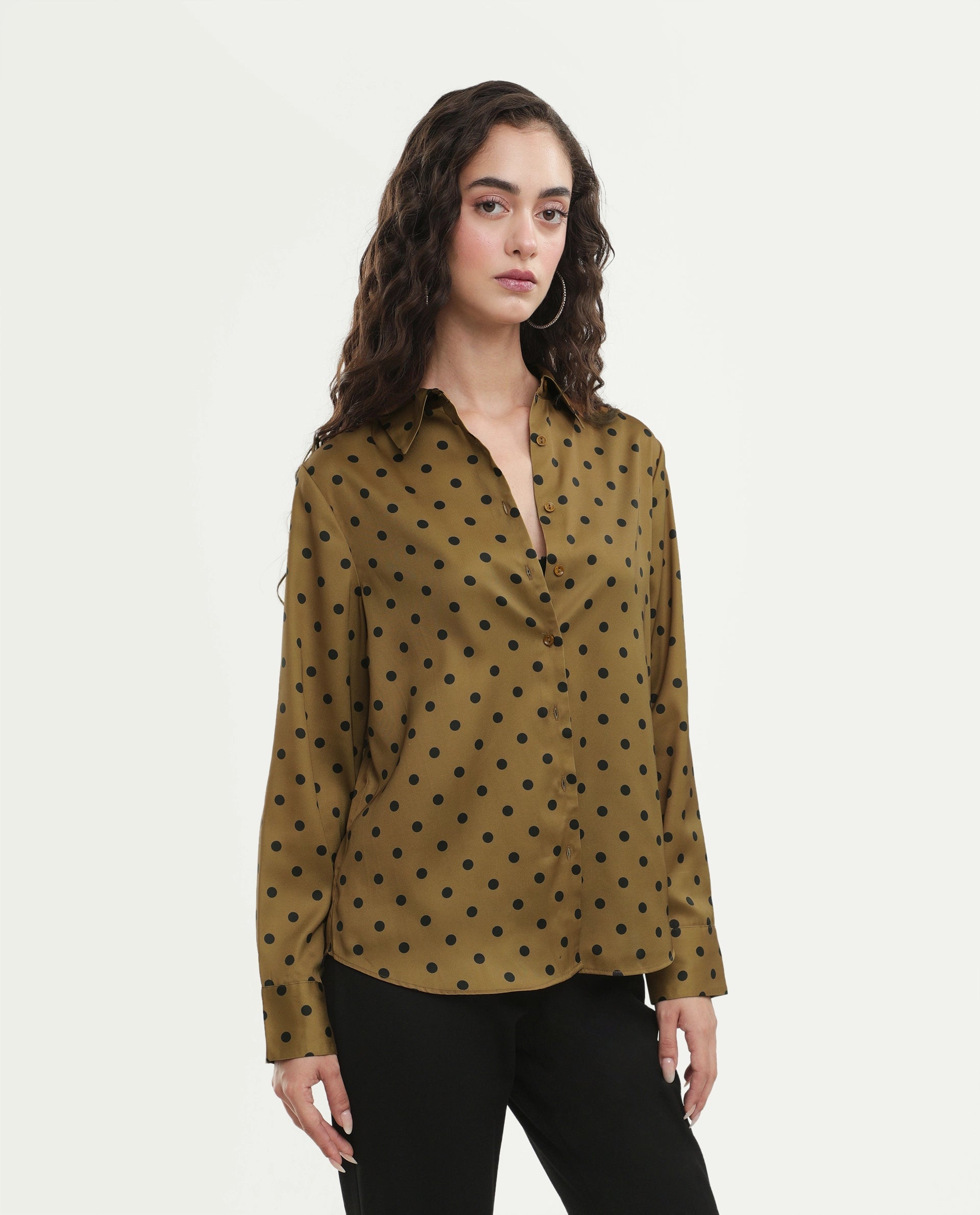 Rareism Women's Pola Beige Polyester Fabric Spread Collar Relaxed Polka Print Shirt