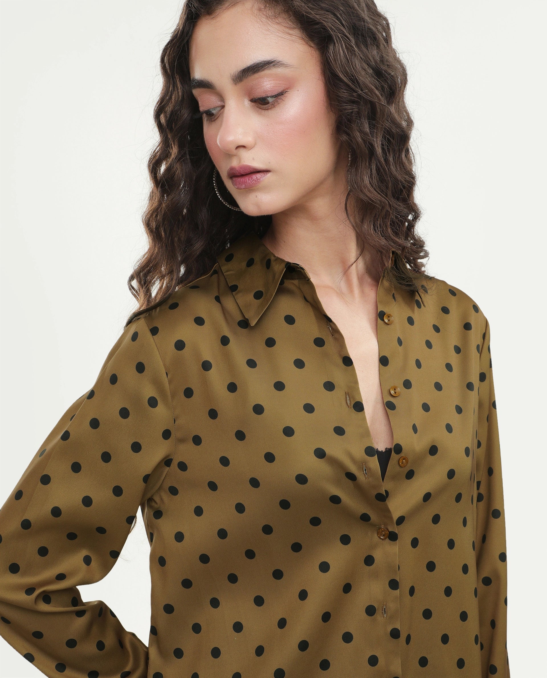 Rareism Women's Pola Beige Polyester Fabric Spread Collar Relaxed Polka Print Shirt
