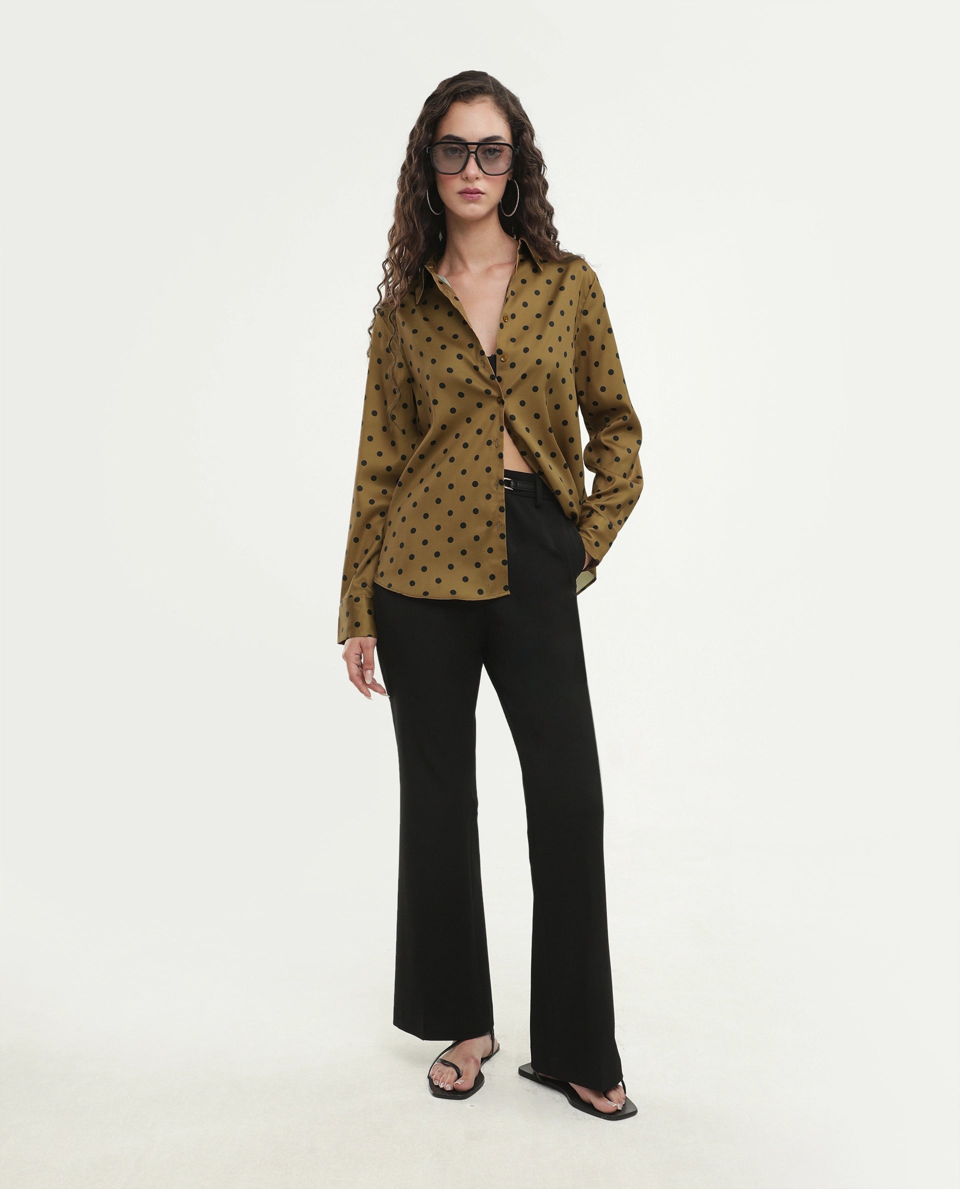 Rareism Women's Pola Beige Polyester Fabric Spread Collar Relaxed Polka Print Shirt