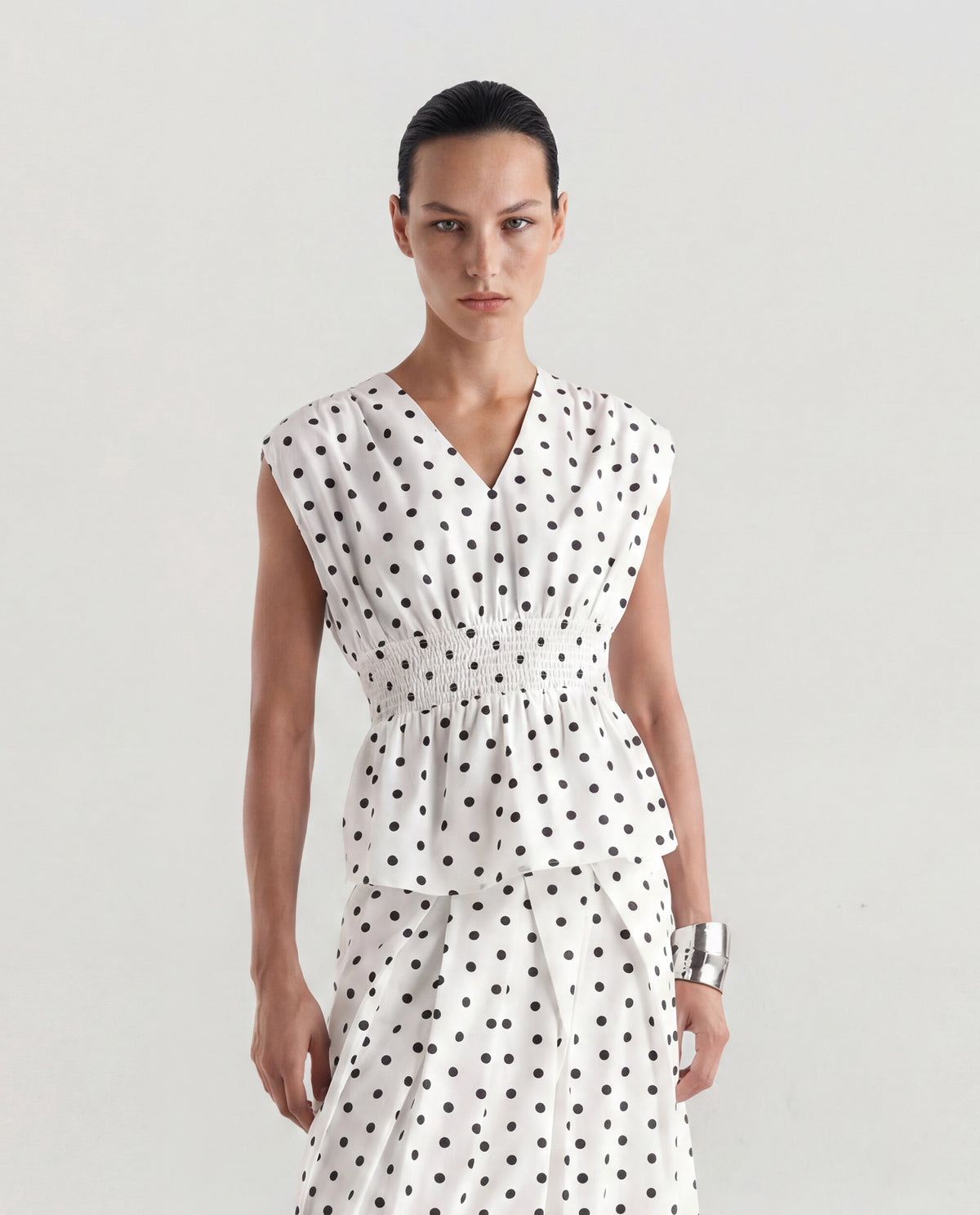 Rareism Women's Polto-T Off White Cotton V-Neck Elastic Fit And Flare Polka Print Top