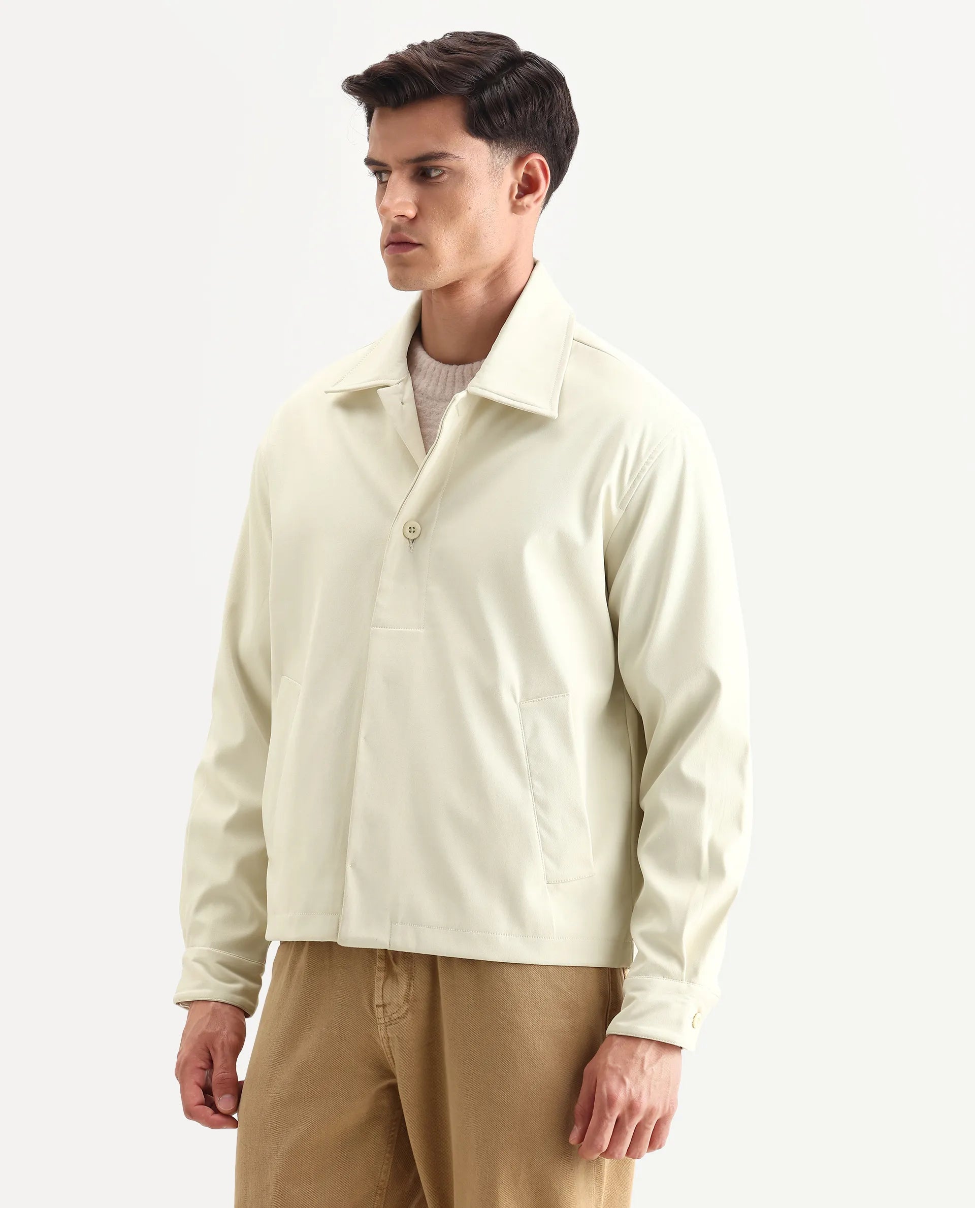 Rare Rabbit Men's Pomer Off White Polyester Fabric Collared Neck Relaxed Plain Jacket