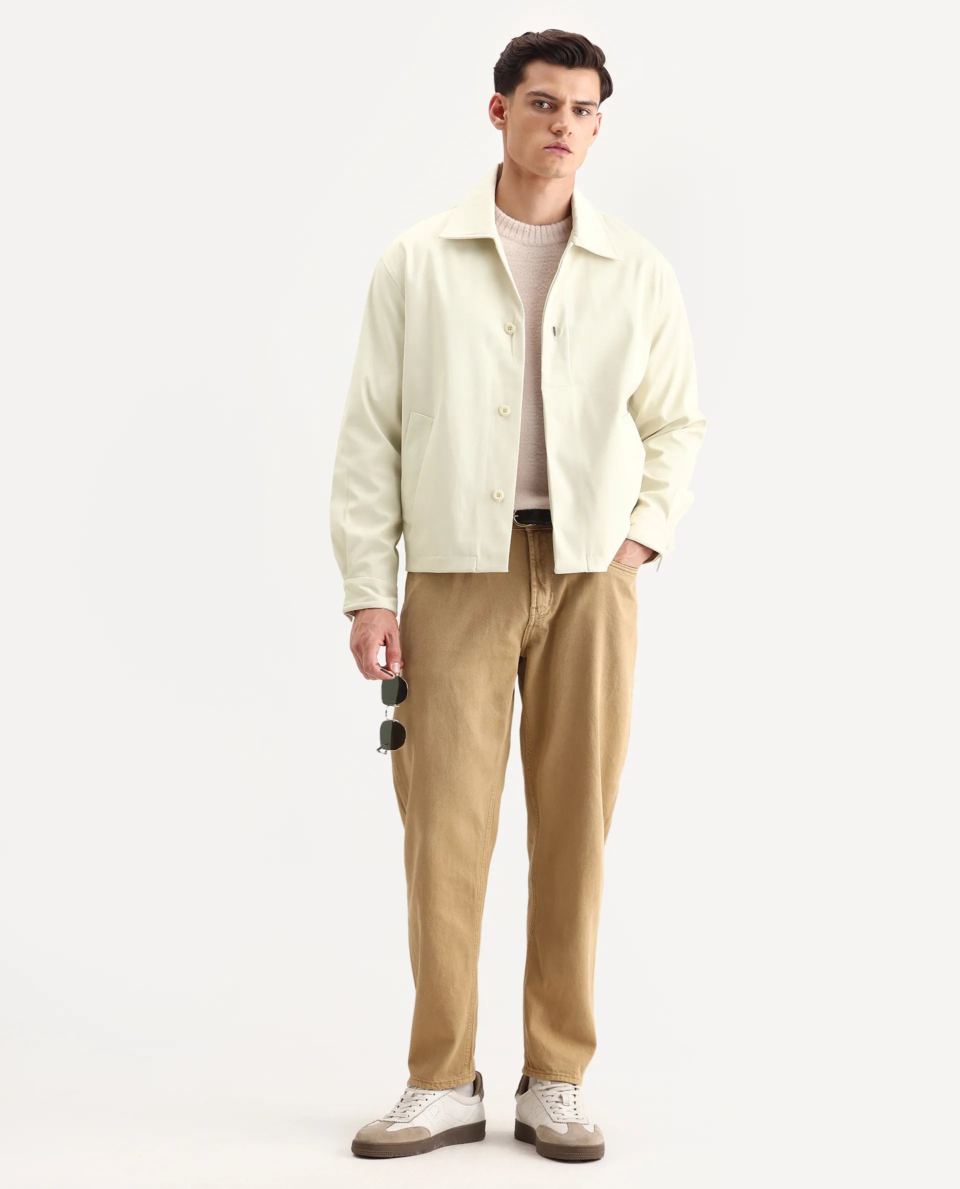 Rare Rabbit Men's Pomer Off White Polyester Fabric Collared Neck Relaxed Plain Jacket