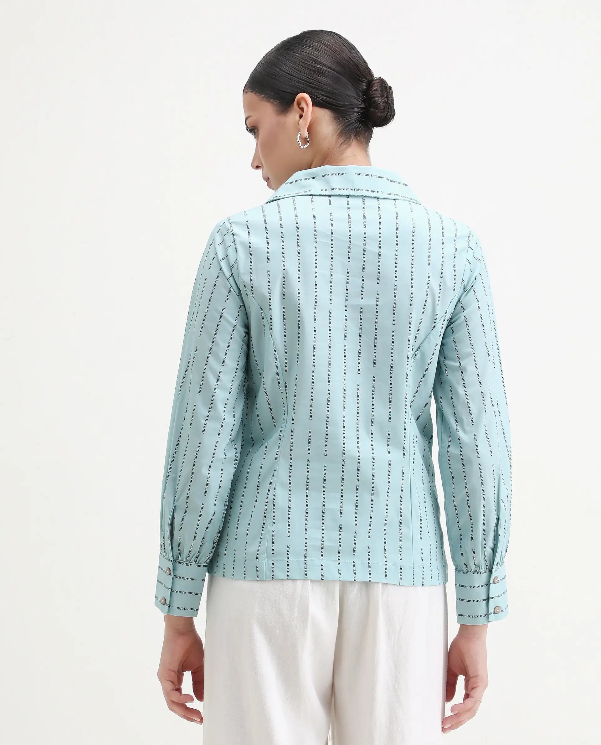 Rareism Women's Pomo Light Blue Cotton Johnny Collar Typography Print Cuffed Sleeve Regular Fit Top