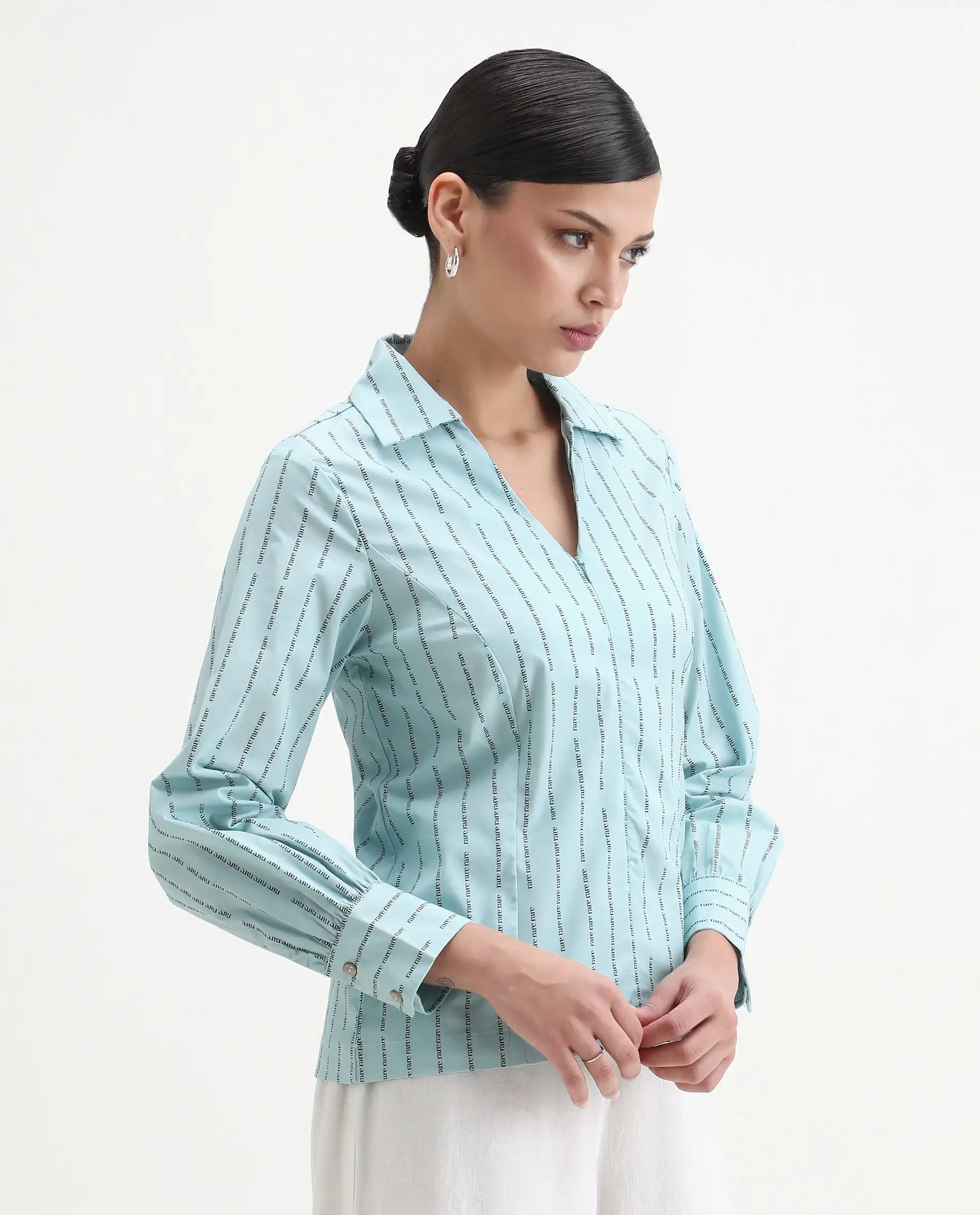 Rareism Women's Pomo Light Blue Cotton Johnny Collar Typography Print Cuffed Sleeve Regular Fit Top