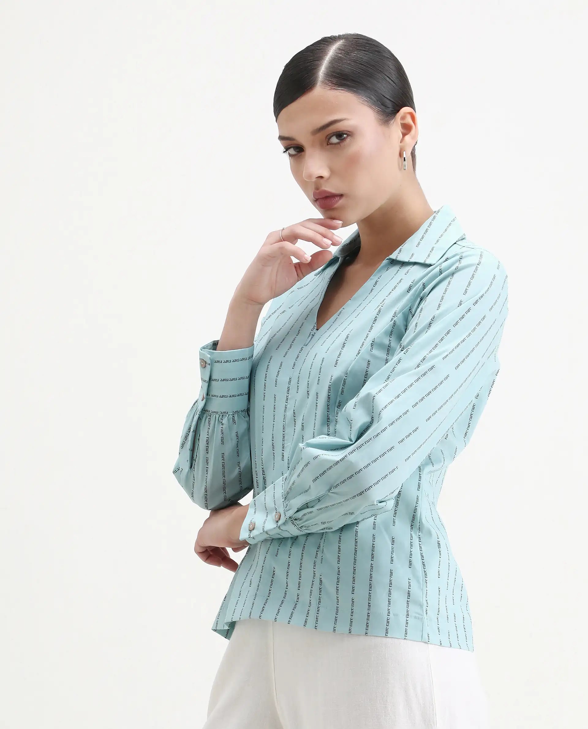 Rareism Women's Pomo Light Blue Cotton Johnny Collar Typography Print Cuffed Sleeve Regular Fit Top