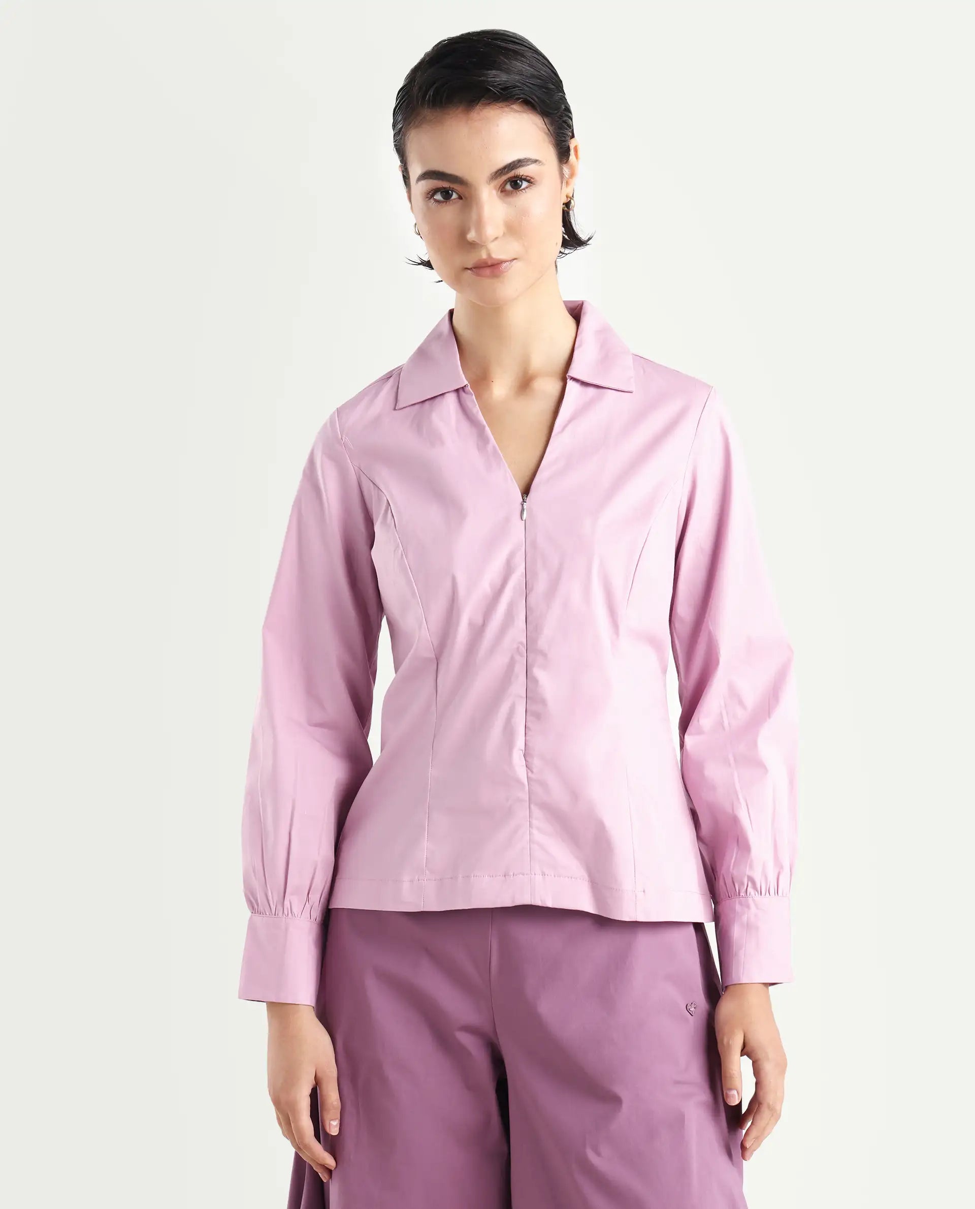 Rareism Women's Pomogra Light Pink Cotton Johnny Collar Plain Cuffed Sleeve Regular Fit Top