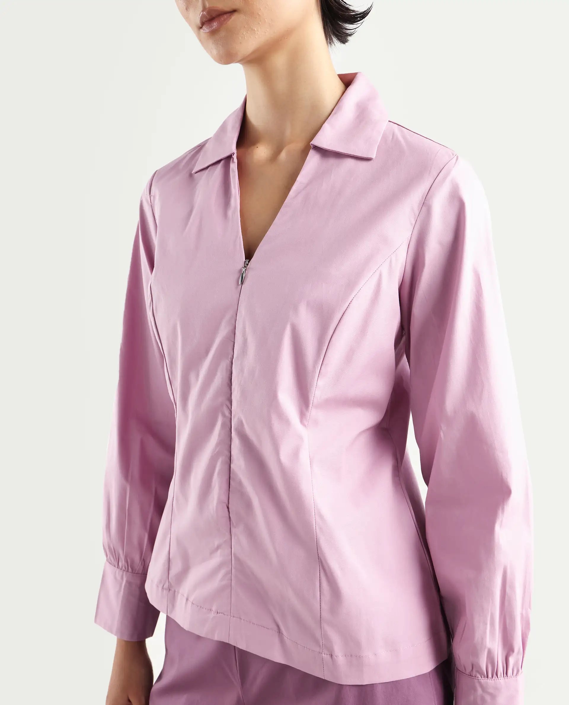 Rareism Women's Pomogra Light Pink Cotton Johnny Collar Plain Cuffed Sleeve Regular Fit Top