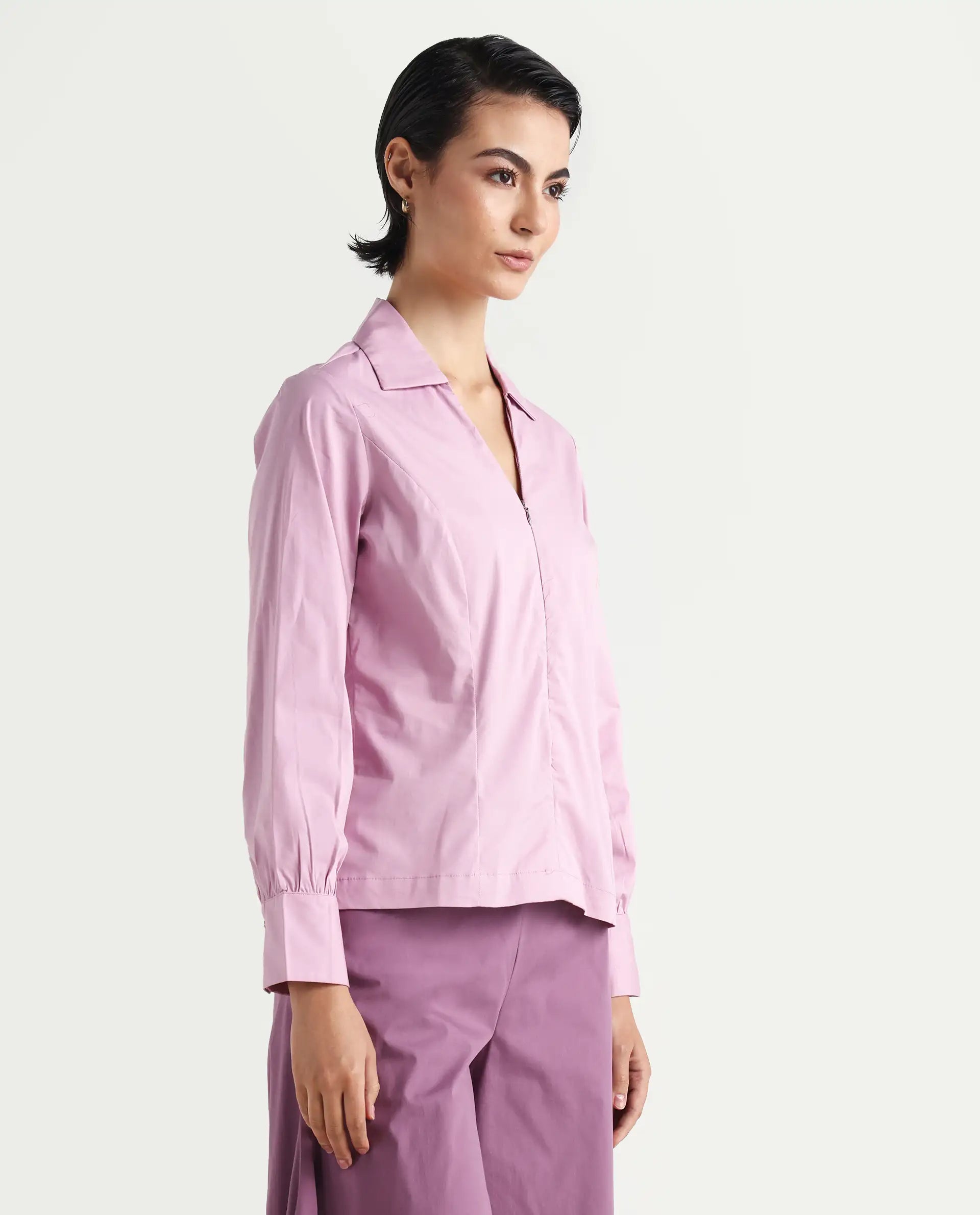 Rareism Women's Pomogra Light Pink Cotton Johnny Collar Plain Cuffed Sleeve Regular Fit Top