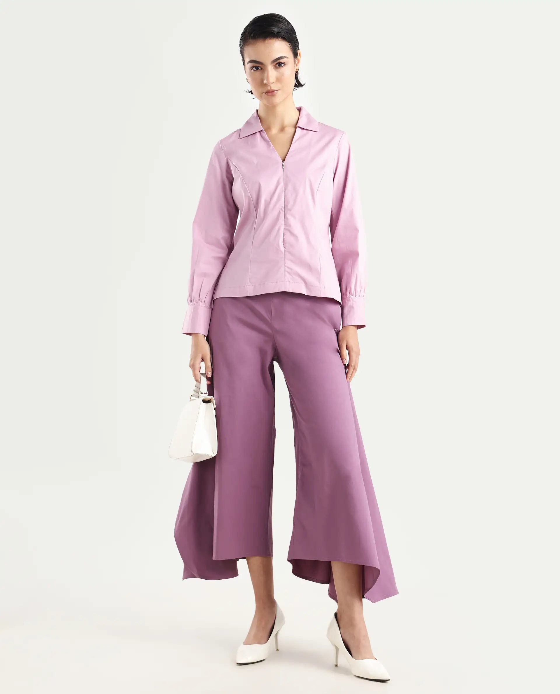 Rareism Women's Pomogra Light Pink Cotton Johnny Collar Plain Cuffed Sleeve Regular Fit Top