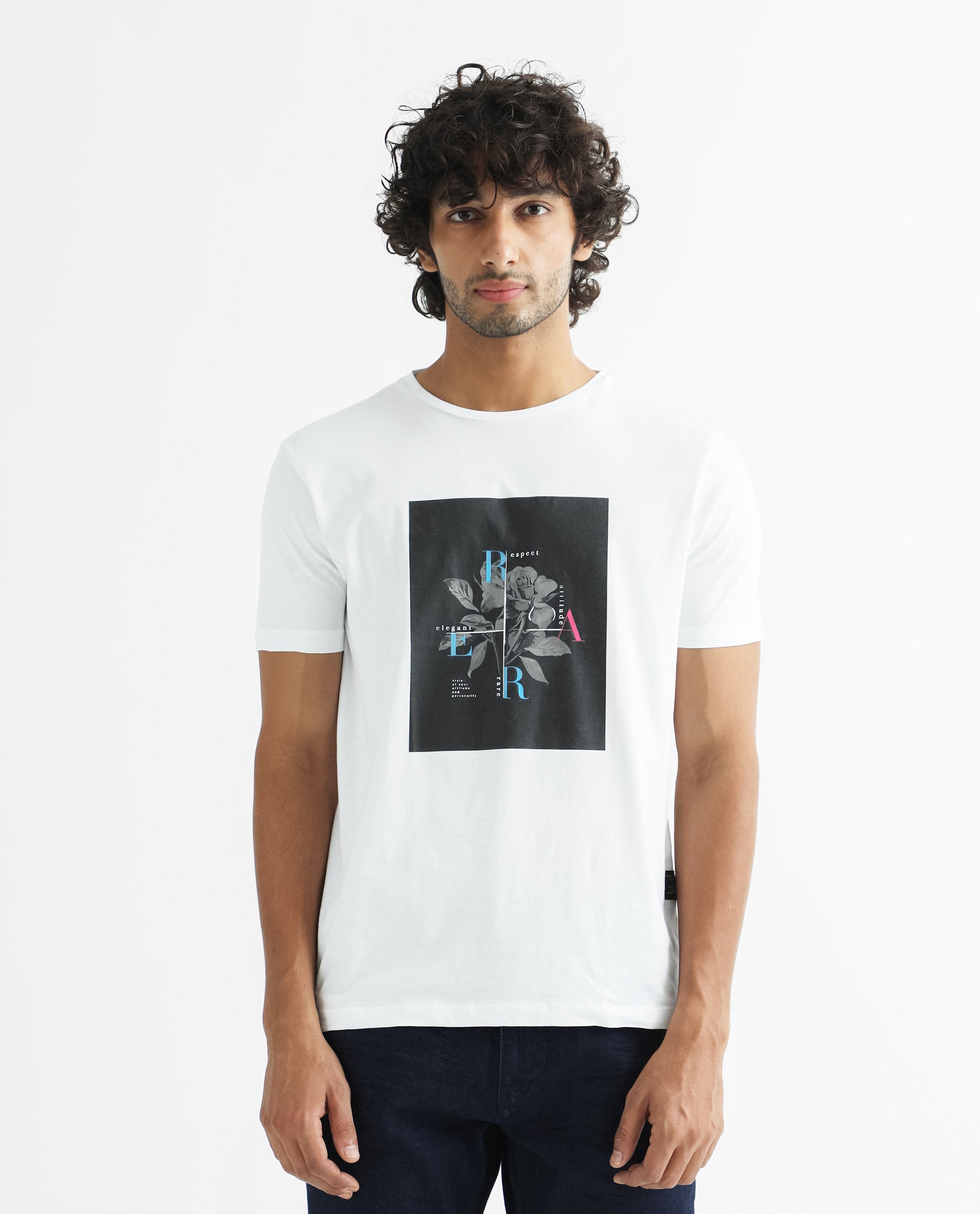 Rare Rabbit Men's Ponks White Crew Neck Graphic Print T-Shirt