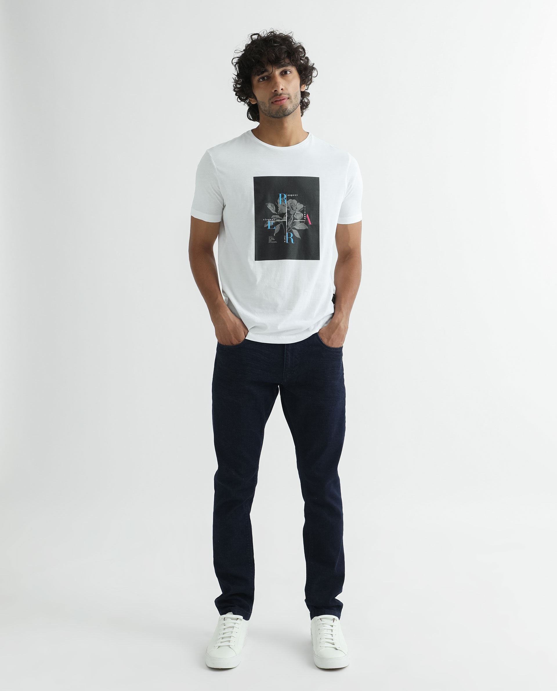 Rare Rabbit Men's Ponks White Crew Neck Graphic Print T-Shirt