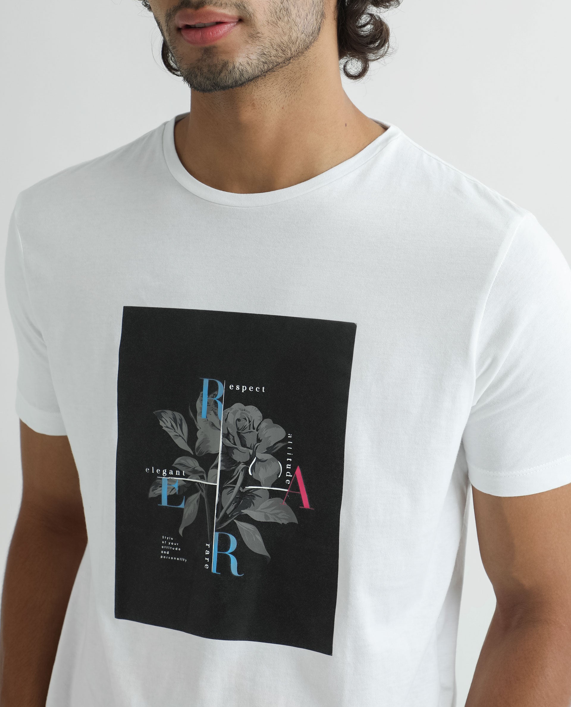 Rare Rabbit Men's Ponks White Crew Neck Graphic Print T-Shirt