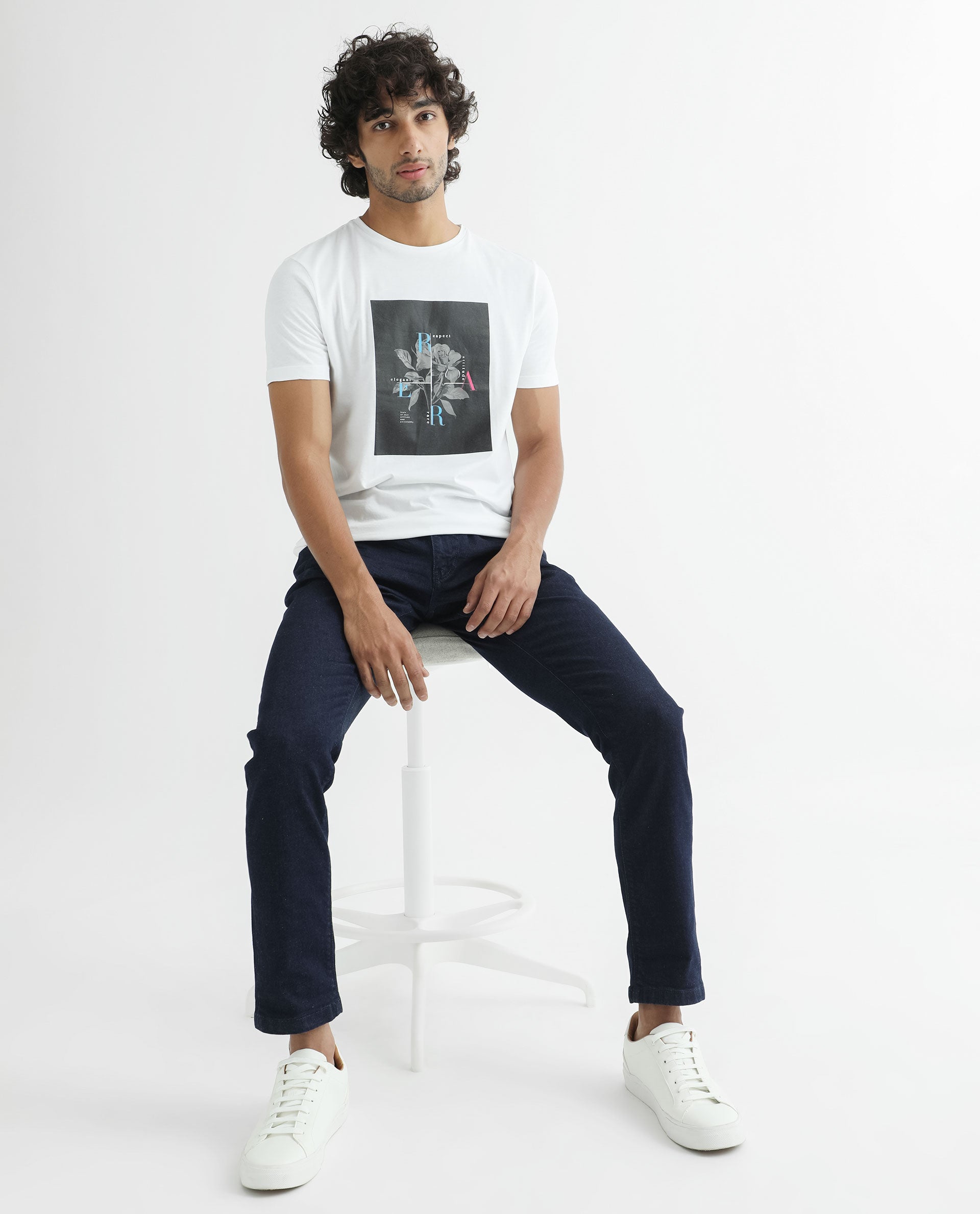 Rare Rabbit Men's Ponks White Crew Neck Graphic Print T-Shirt