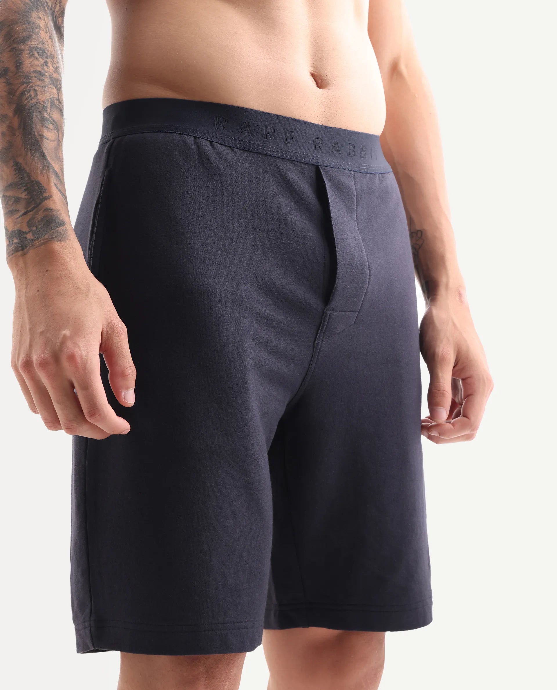 Rare Rabbit Men's Pont Navy Cotton Blend Fabric Relaxed Fit Plain Stretchable Shorts