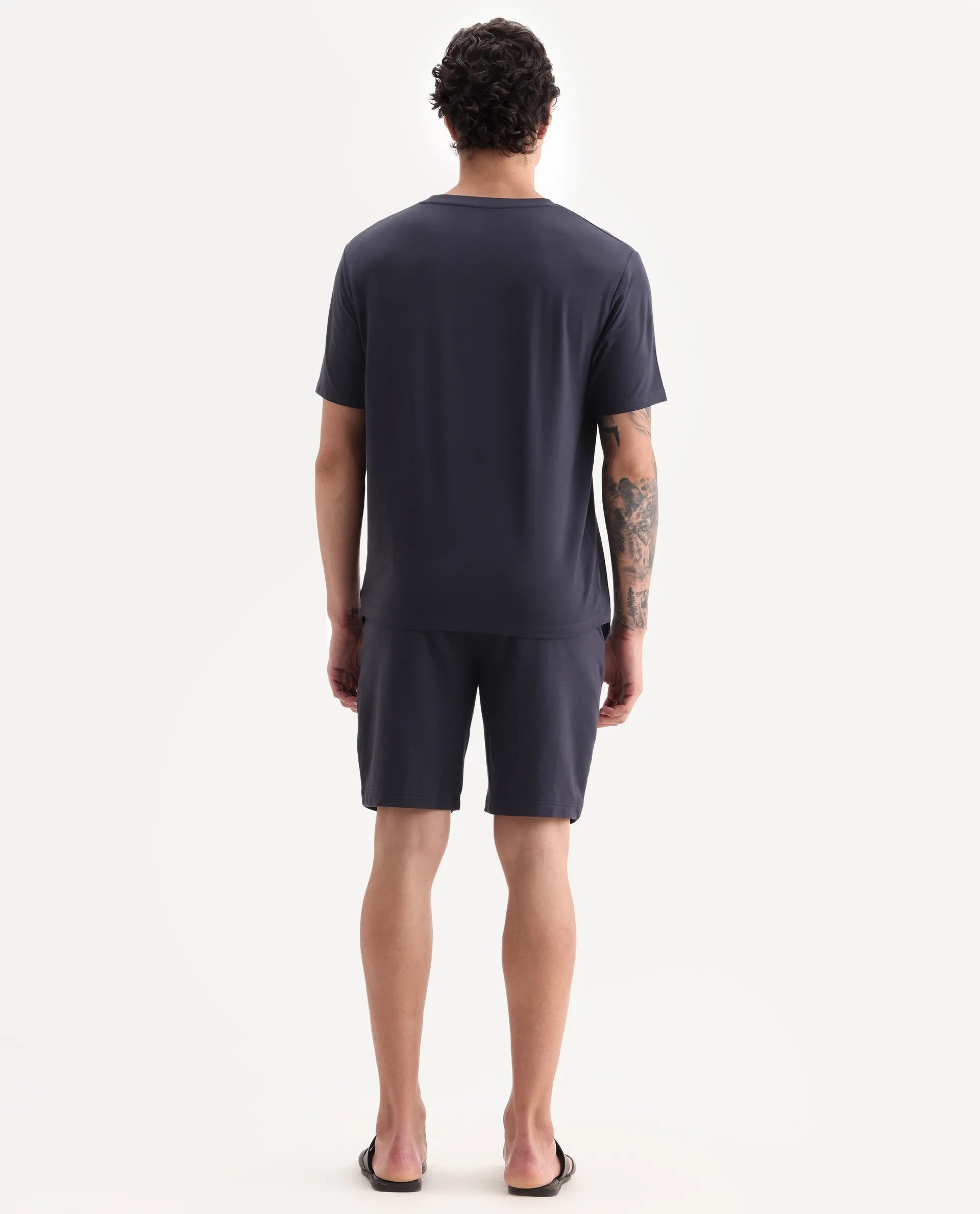 Rare Rabbit Men's Pont Navy Cotton Blend Fabric Relaxed Fit Plain Stretchable Shorts