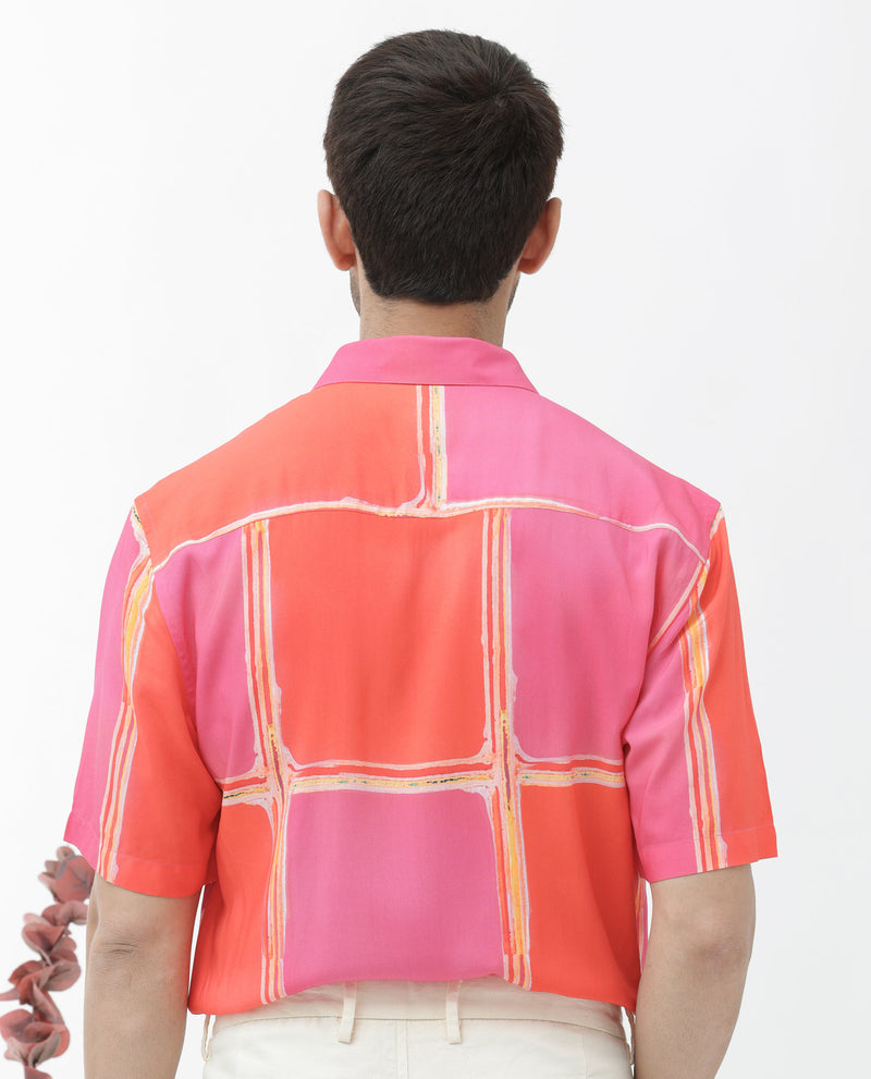 Rare Rabbit Mens Popper Dark Pink Short Sleeve Colorblock Windowpane Check Print Shirt