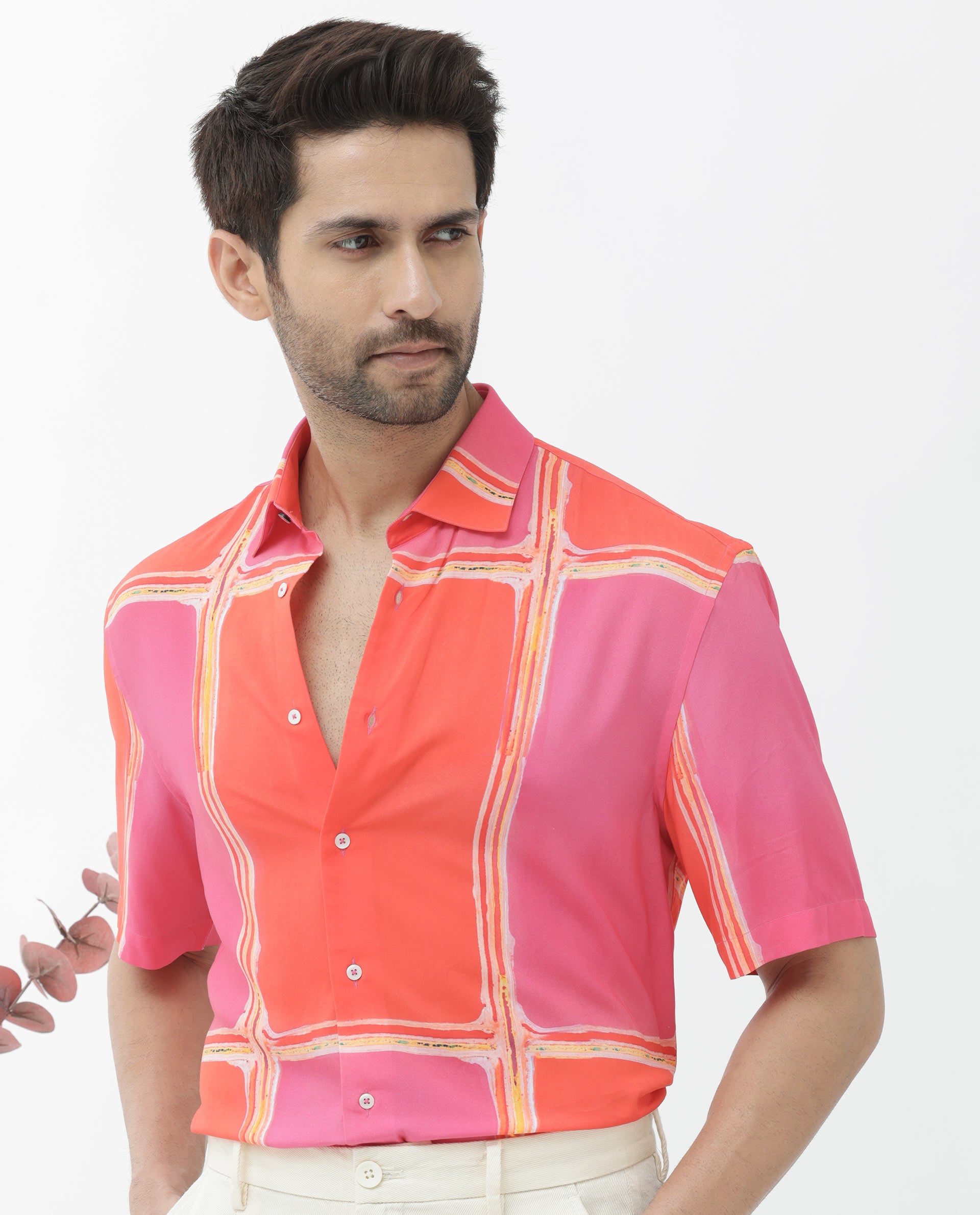 Rare Rabbit Mens Popper Dark Pink Viscose Fabric Short Sleeve Boxy Fit Colorblock Windowpane Check Print Shirt