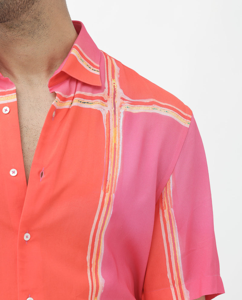 Rare Rabbit Mens Popper Dark Pink Short Sleeve Colorblock Windowpane Check Print Shirt