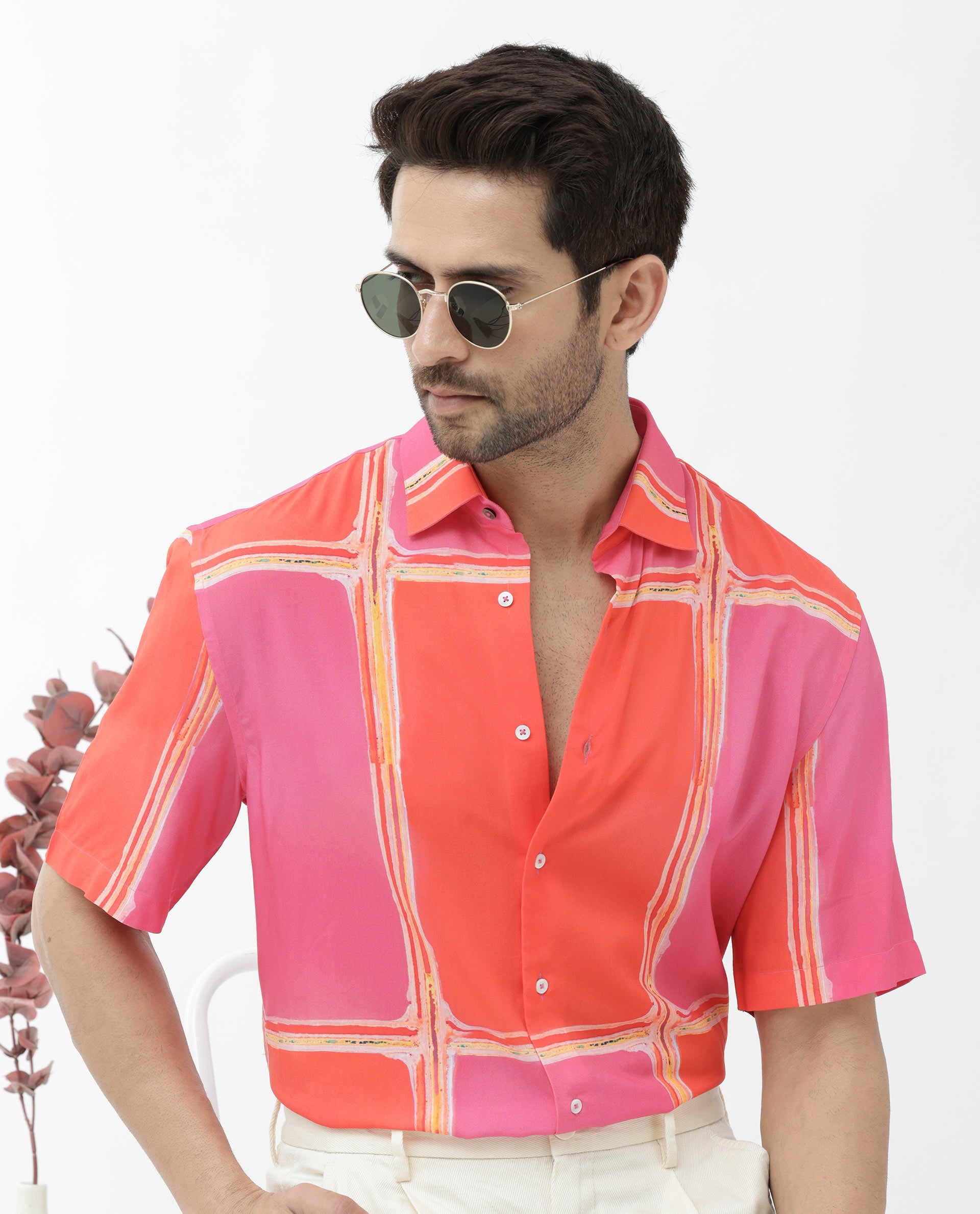 Rare Rabbit Mens Popper Dark Pink Viscose Fabric Short Sleeve Boxy Fit Colorblock Windowpane Check Print Shirt