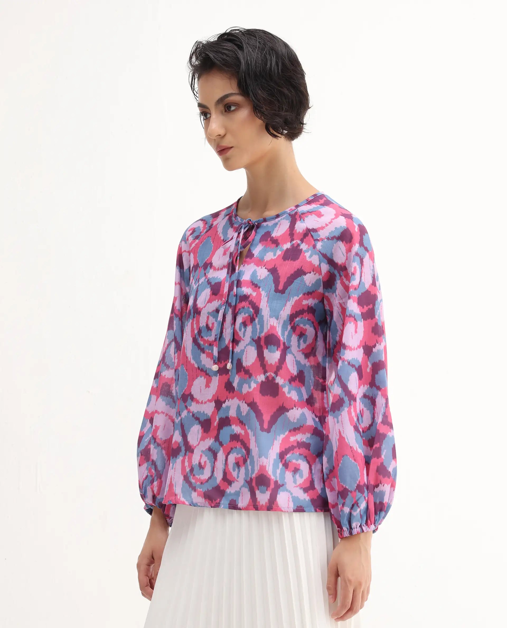 Rareism Women's Portia Multi Linen Tie-Up Neck Abstract Print Raglan Sleeve Regular Fit Top