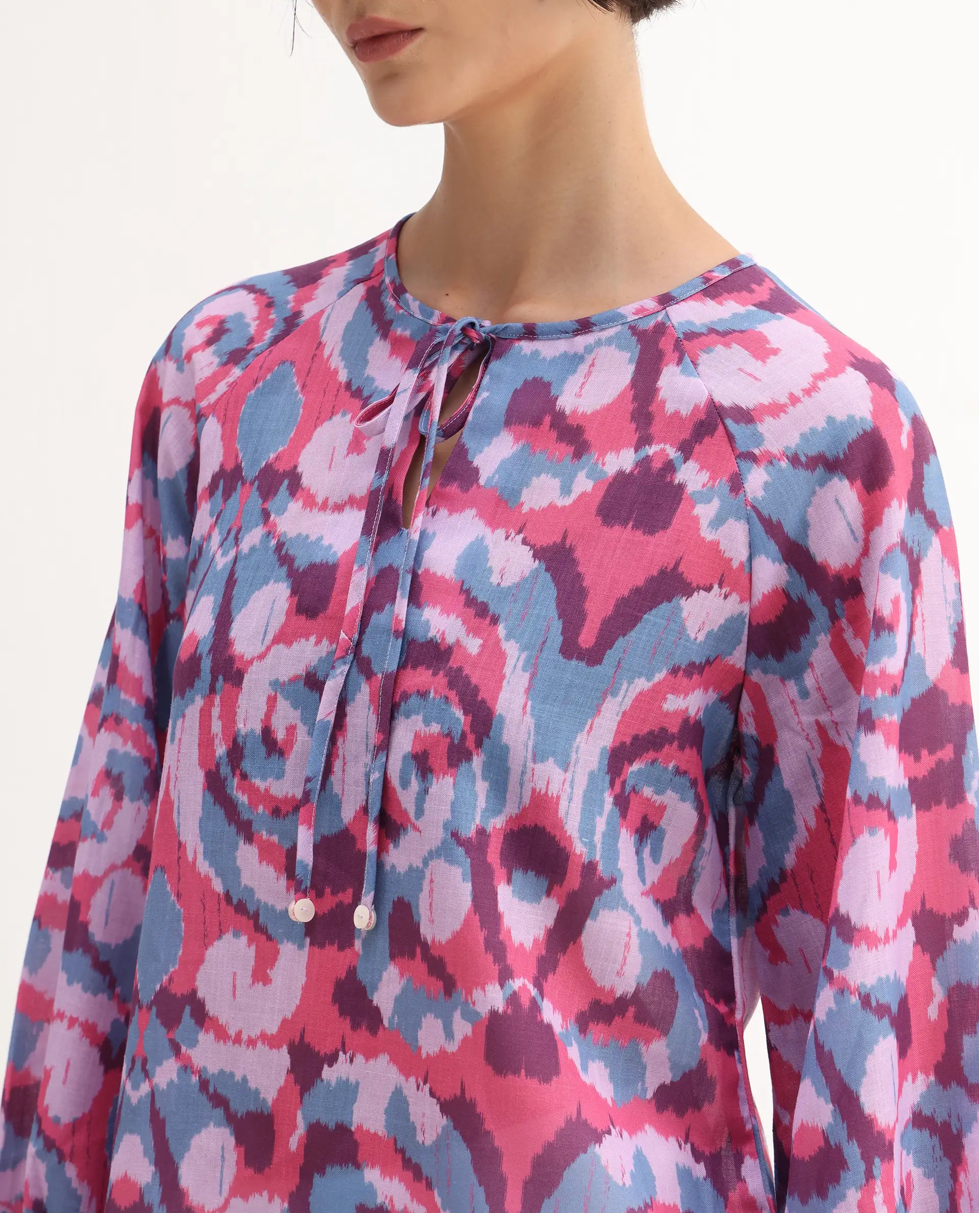 Rareism Women's Portia Multi Linen Tie-Up Neck Abstract Print Raglan Sleeve Regular Fit Top
