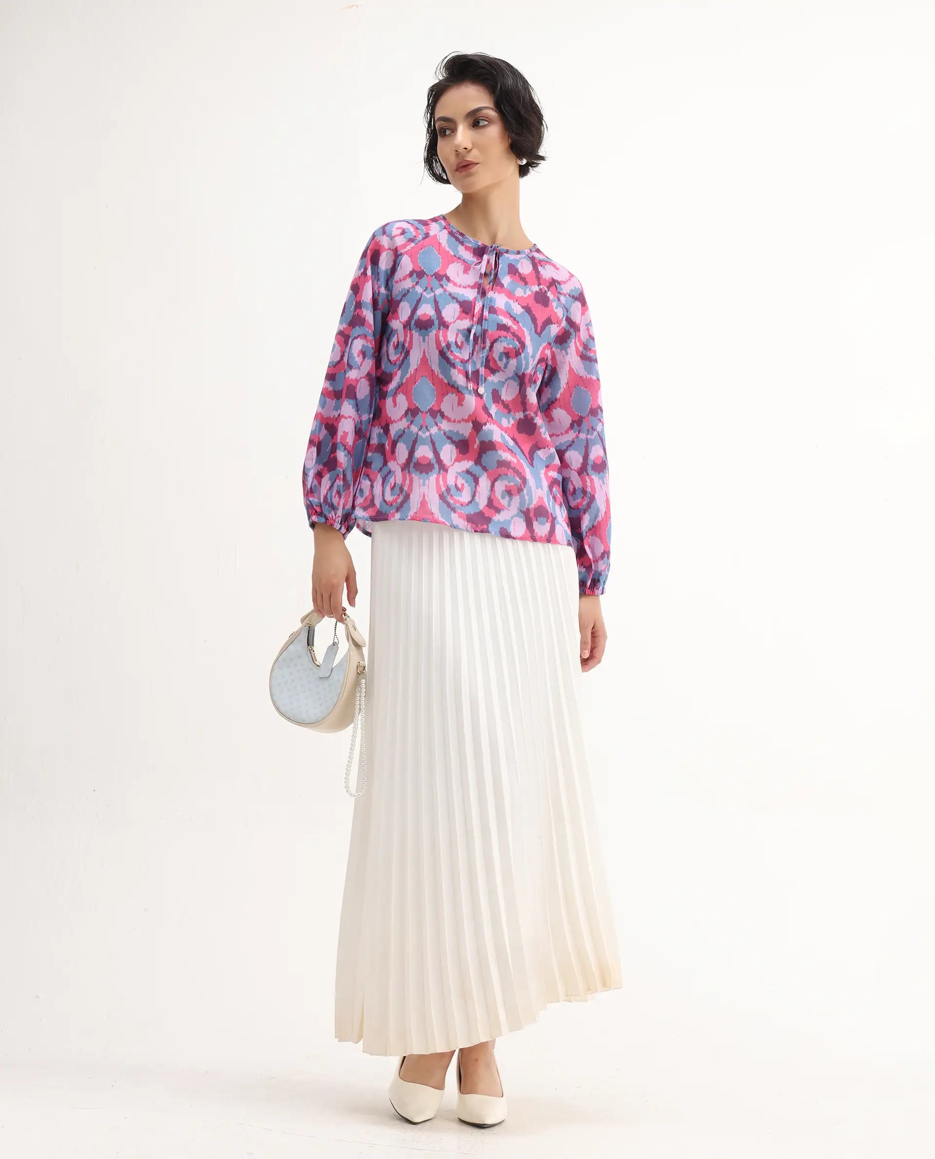 Rareism Women's Portia Multi Linen Tie-Up Neck Abstract Print Raglan Sleeve Regular Fit Top