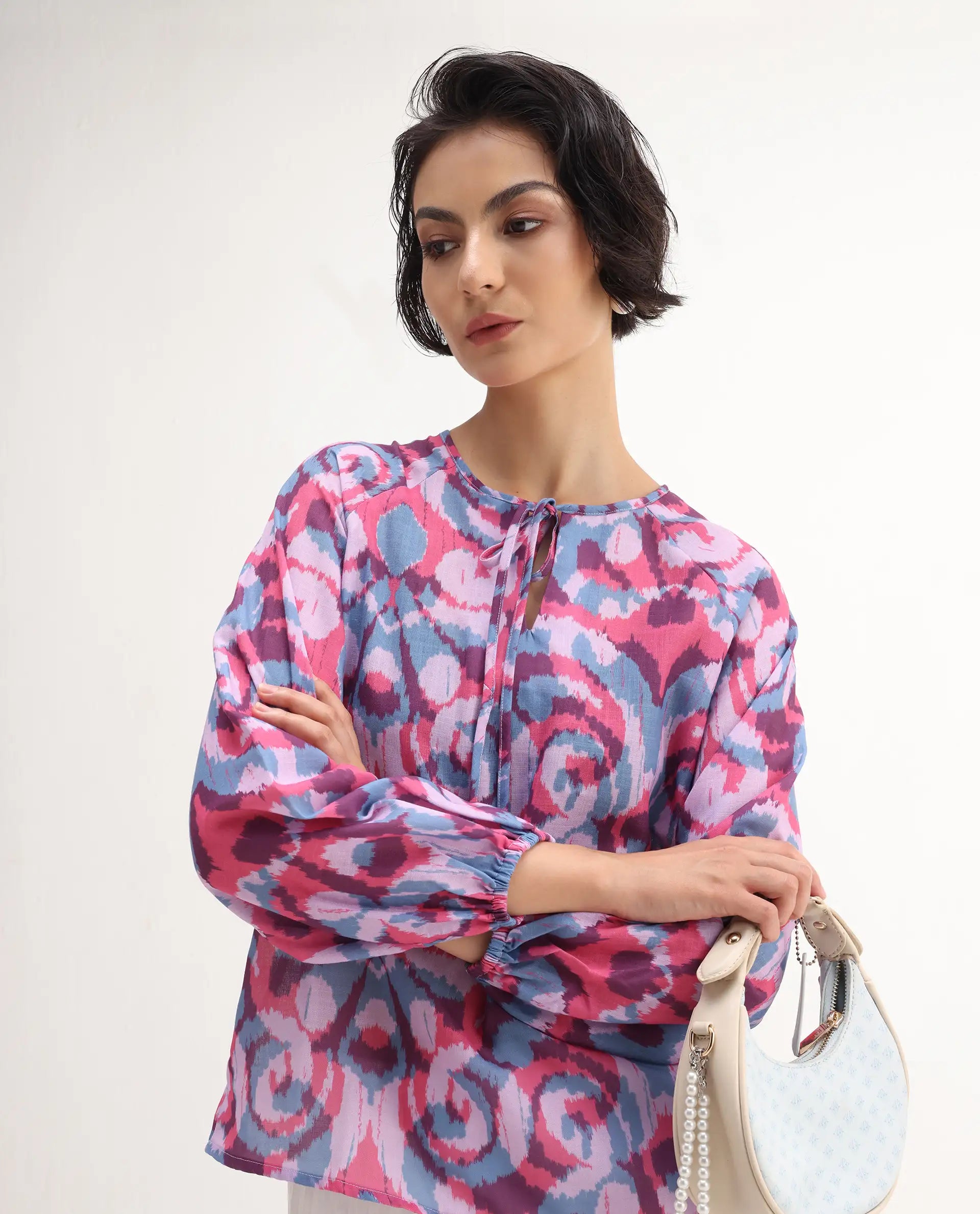Rareism Women's Portia Multi Linen Tie-Up Neck Abstract Print Raglan Sleeve Regular Fit Top