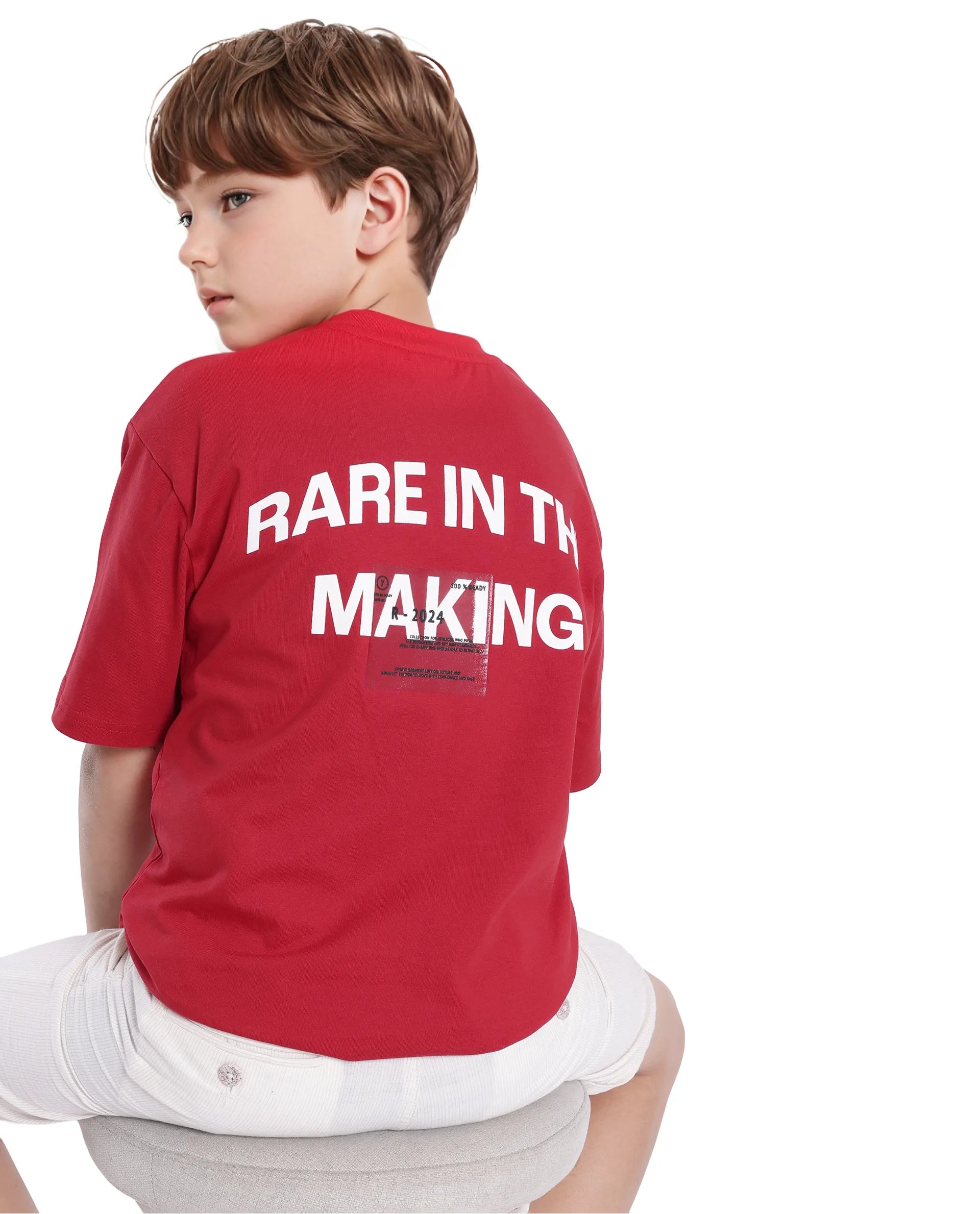 Rare Ones Kids Portz Light Red Cotton Short Sleeve Crew Neck Boxy Fit Printed T-Shirt