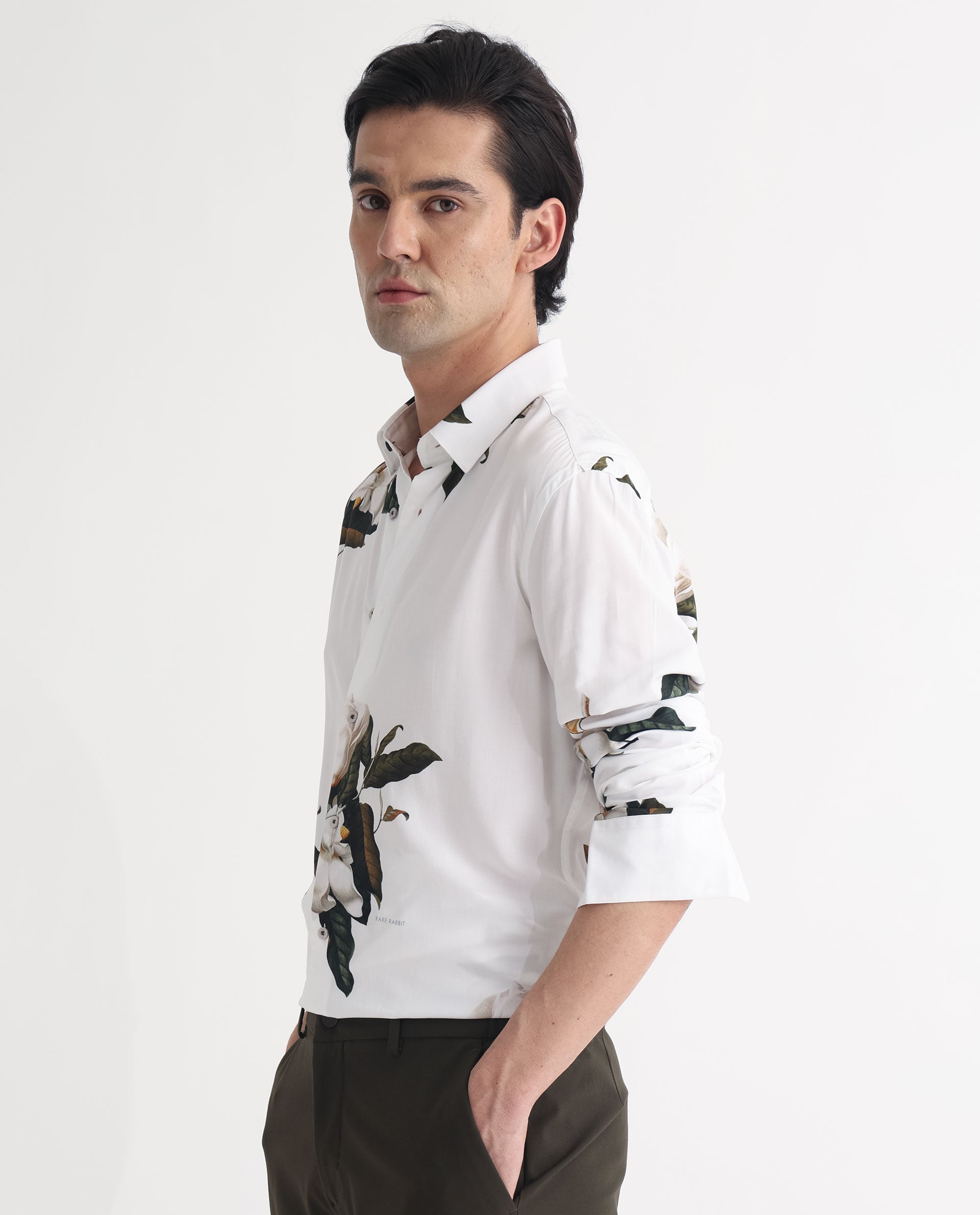 Rare Rabbit Men's Poseidon White Viscose Fabric Floral Print Full Sleeves Shirt