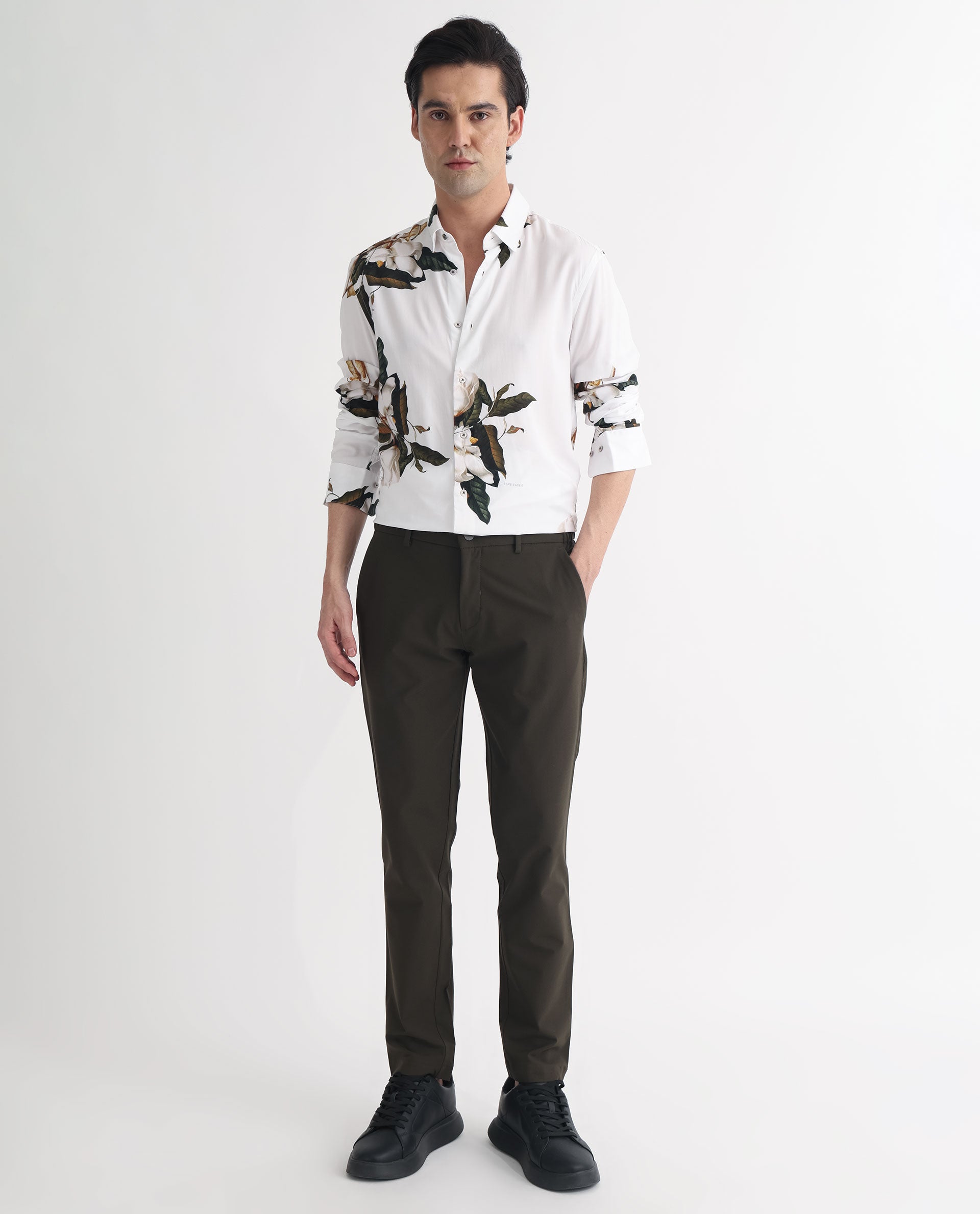 Rare Rabbit Men's Poseidon White Viscose Fabric Floral Print Full Sleeves Shirt