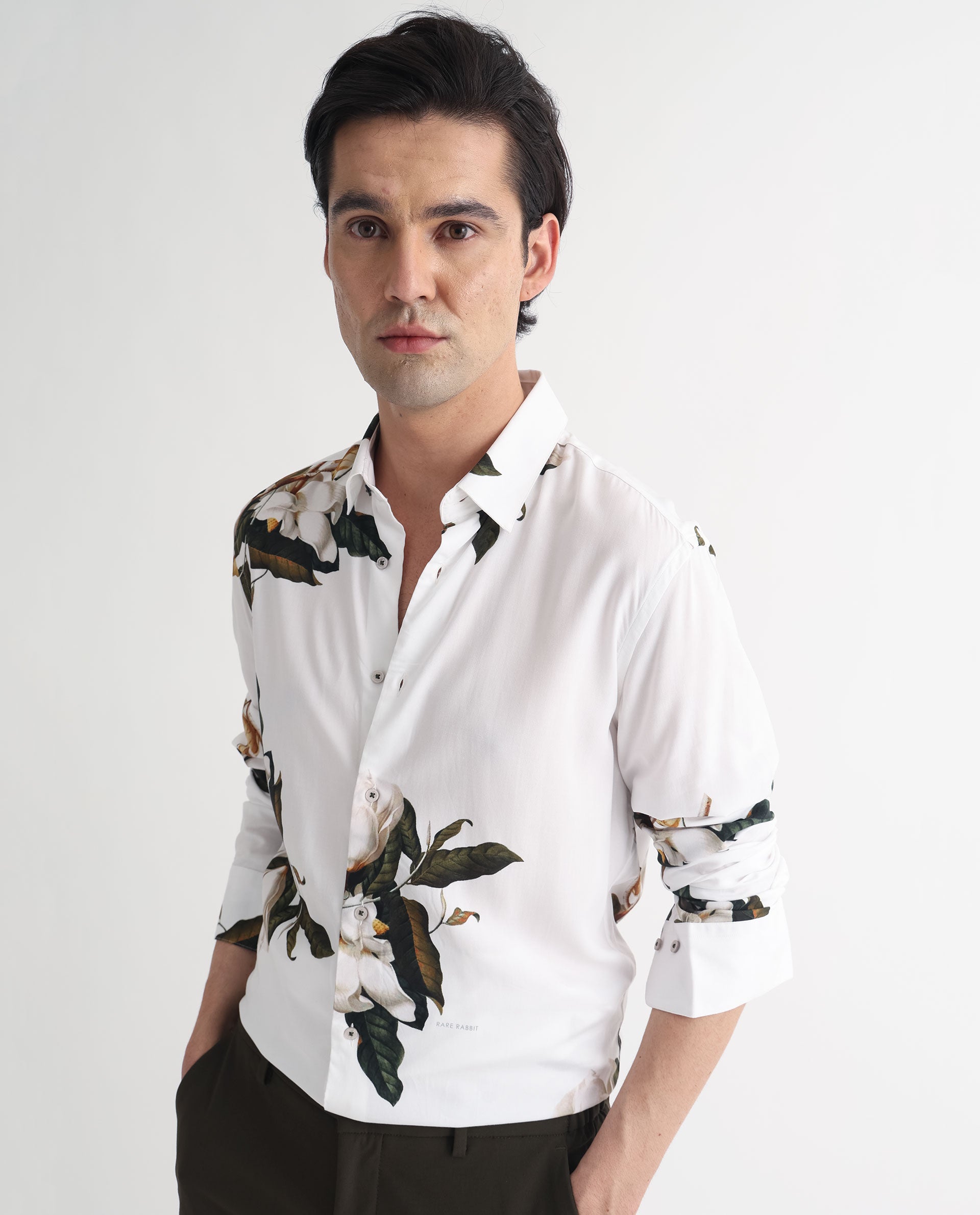 Rare Rabbit Men's Poseidon White Viscose Fabric Floral Print Full Sleeves Shirt