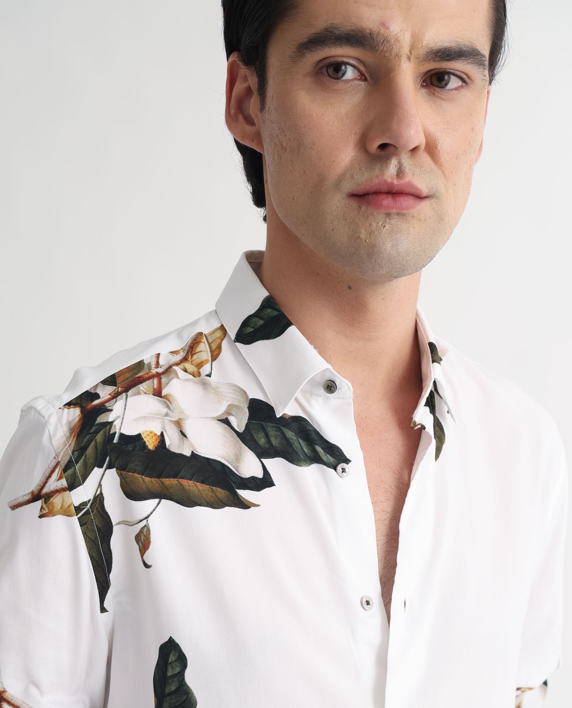 Rare Rabbit Men's Poseidon White Viscose Fabric Floral Print Full Sleeves Shirt