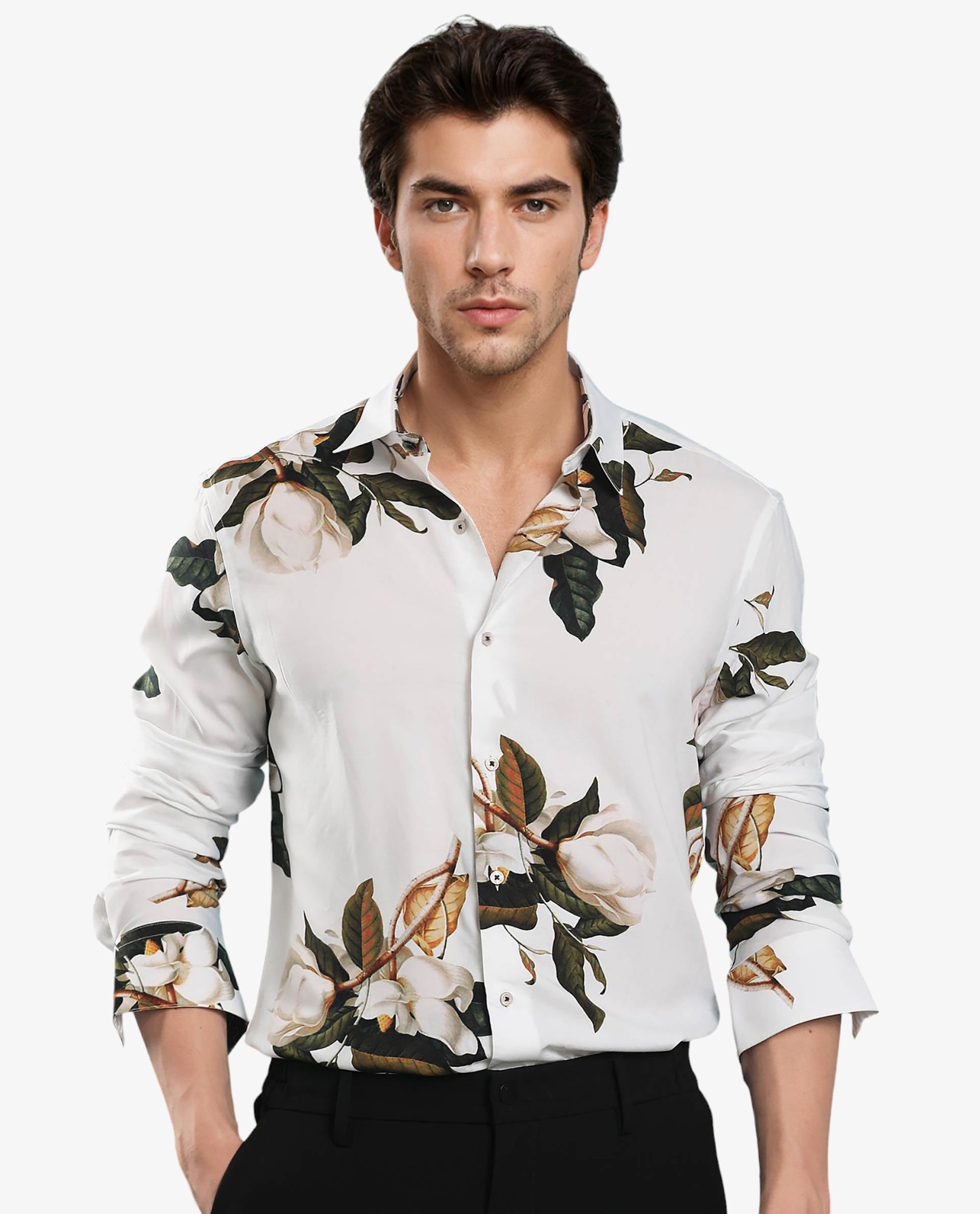 Rare Rabbit Men's Poseidon White Viscose Fabric Floral Print Full Sleeves Shirt