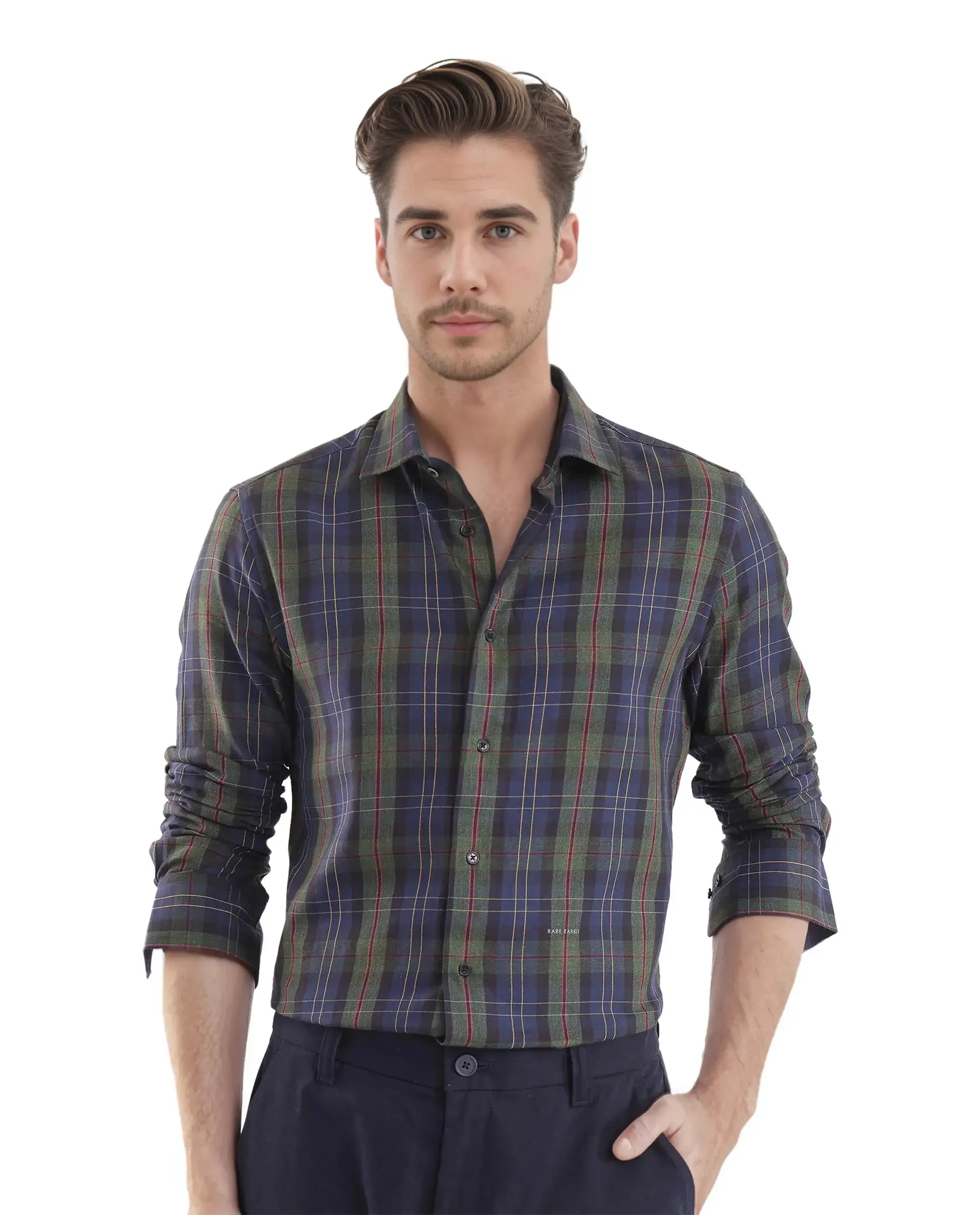 Rare Rabbit Men's Pospe Dark Green Cotton Checked Print Regular Fit Full Sleeve Collared Shirt