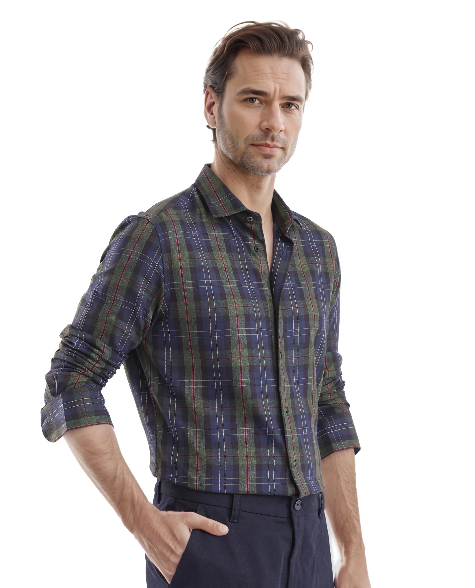 Rare Rabbit Men's Pospe Dark Green Cotton Fabric Full Sleeve Regular Fit Checks Shirt