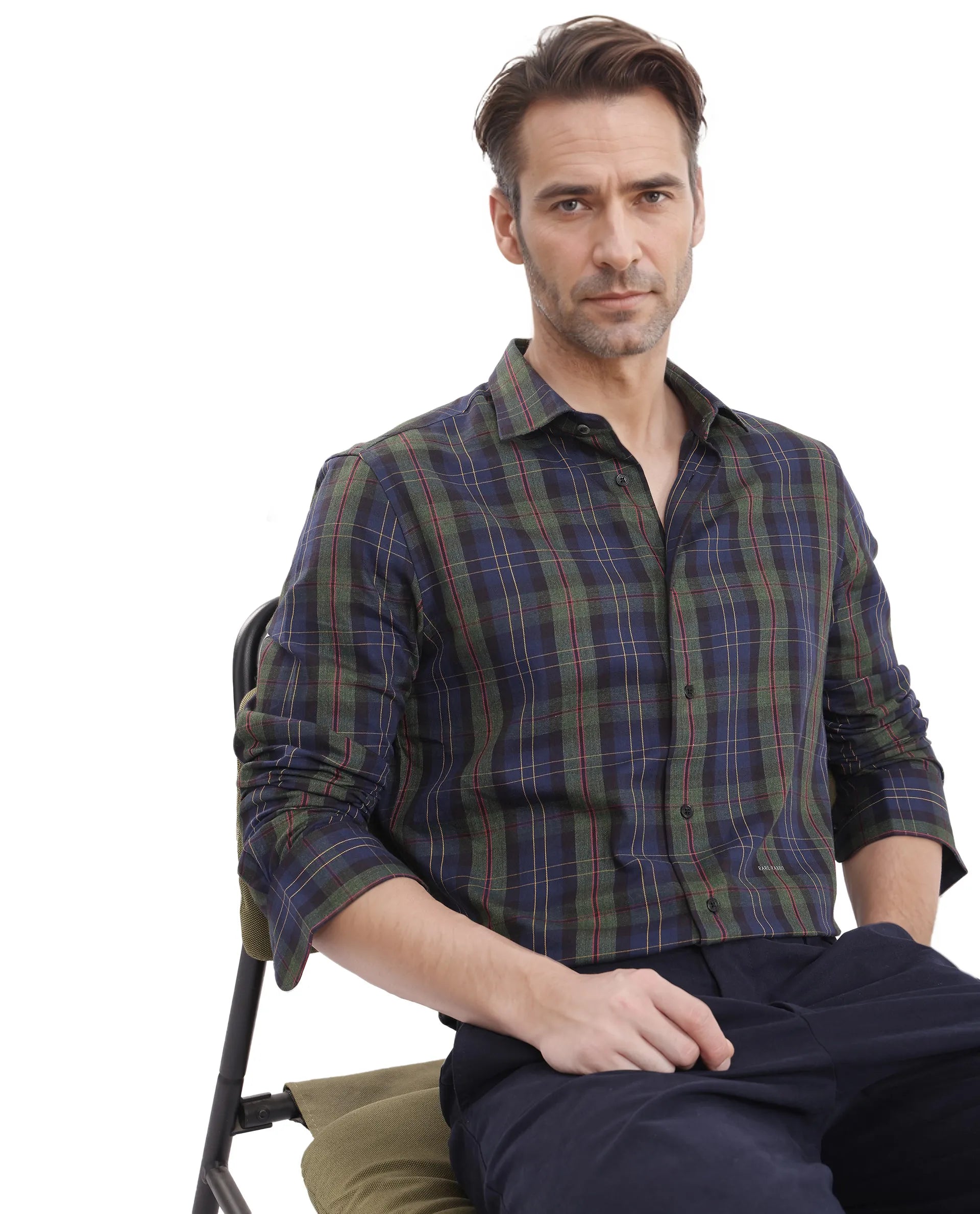 Rare Rabbit Men's Pospe Dark Green Cotton Fabric Full Sleeve Regular Fit Checks Shirt