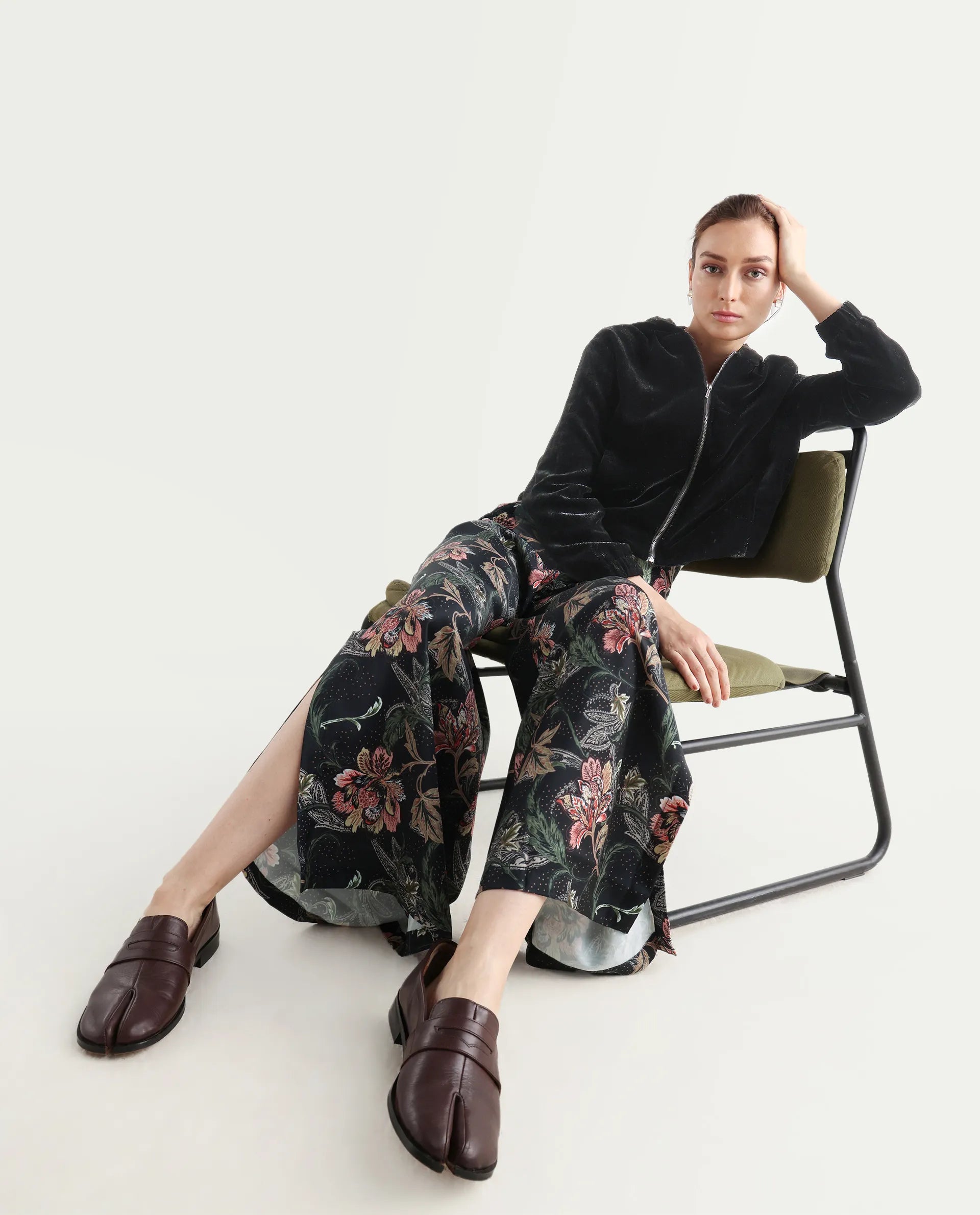 Rareism Women's Posria Multi Polyester Tropical Print Ankle Length Flared Trouser