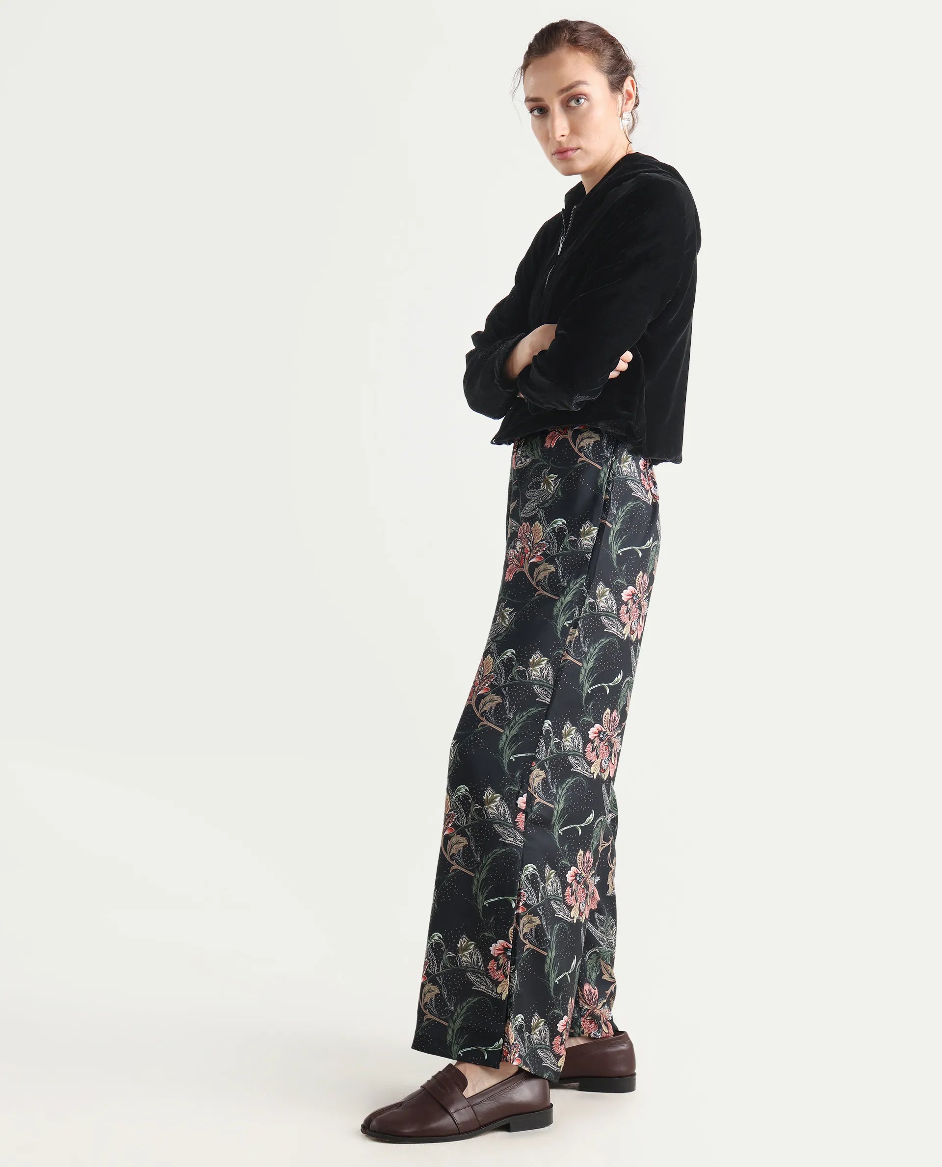 Rareism Women's Posria Multi Polyester Tropical Print Ankle Length Flared Trouser