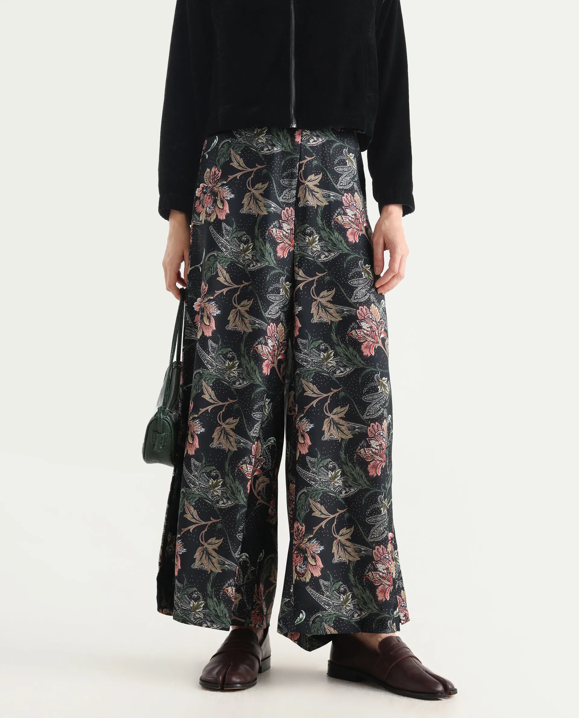 Rareism Women's Posria Multi Polyester Tropical Print Ankle Length Flared Trouser